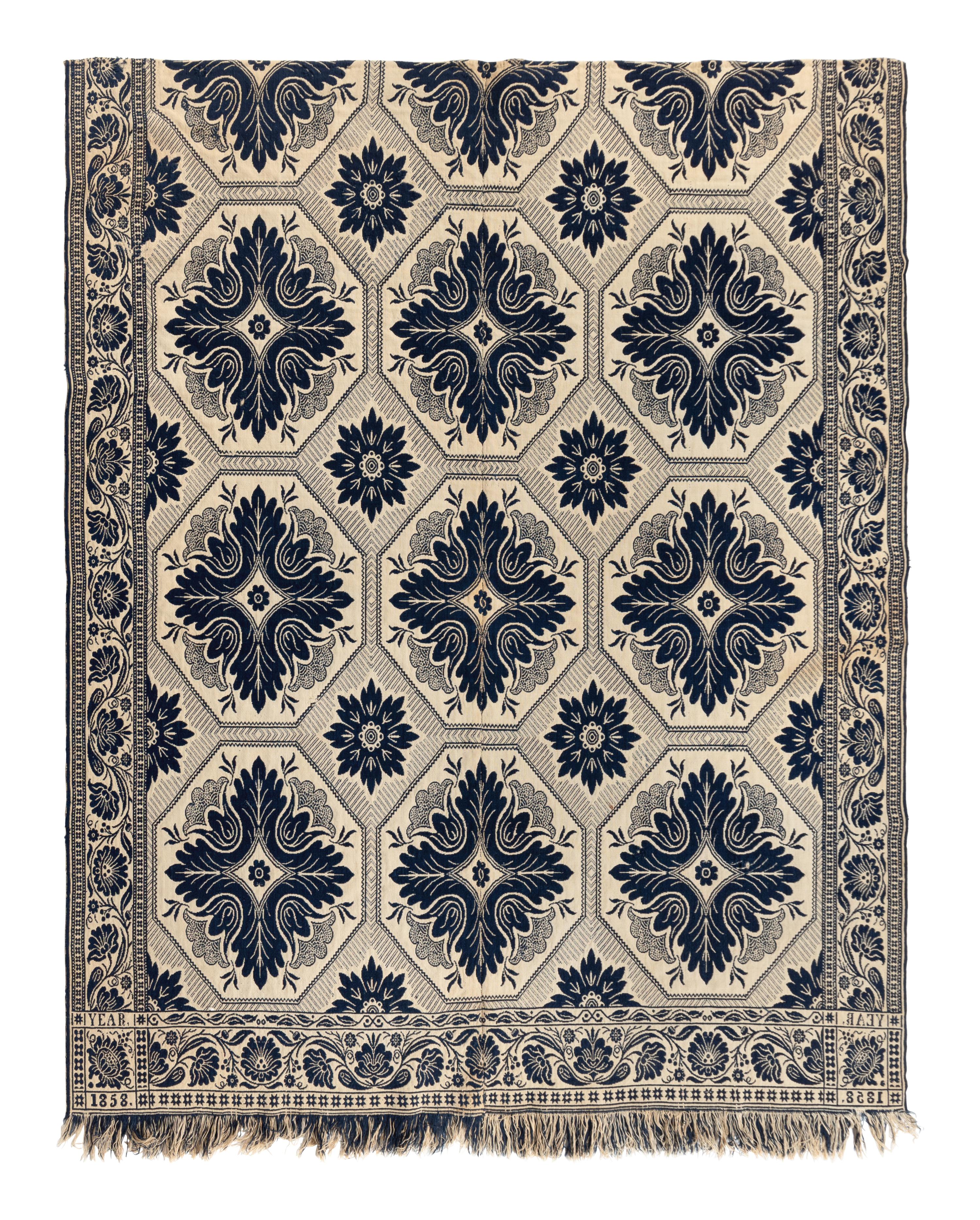 Two Jacquard Woven Cotton and Wool Coverlets