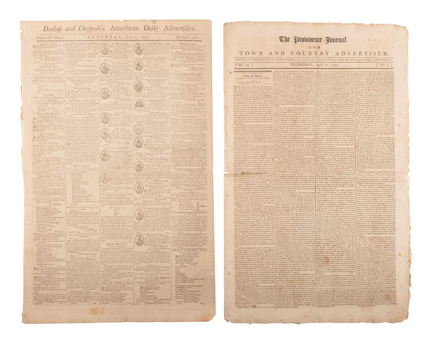 [NEWSPAPERS] -- [18TH CENTURY]. A group of 5 early American newspapers, 1793-1799.