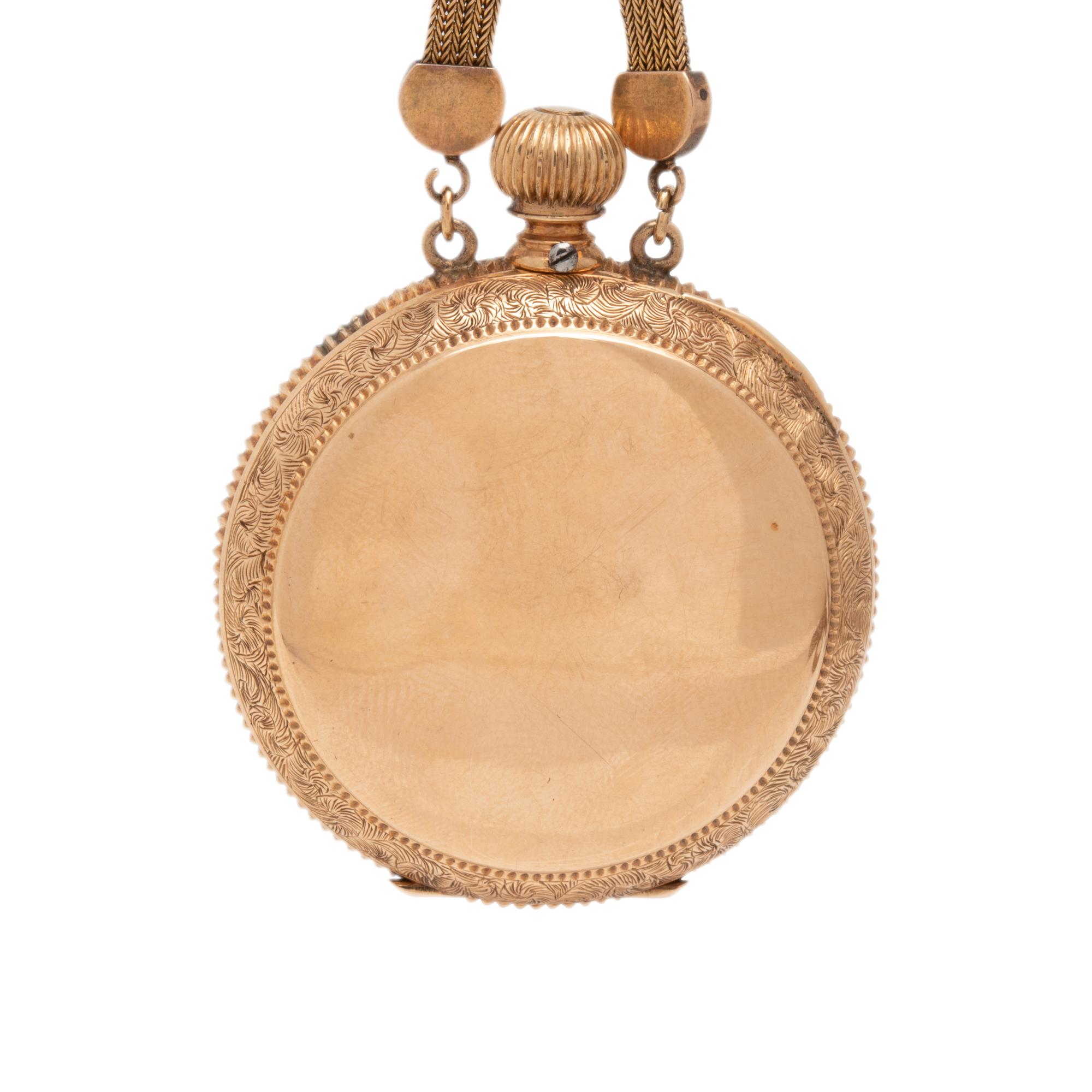 ELGIN, 14K YELLOW GOLD AND DIAMOND HUNTER CASE POCKET WATCH AND LONGCHAIN