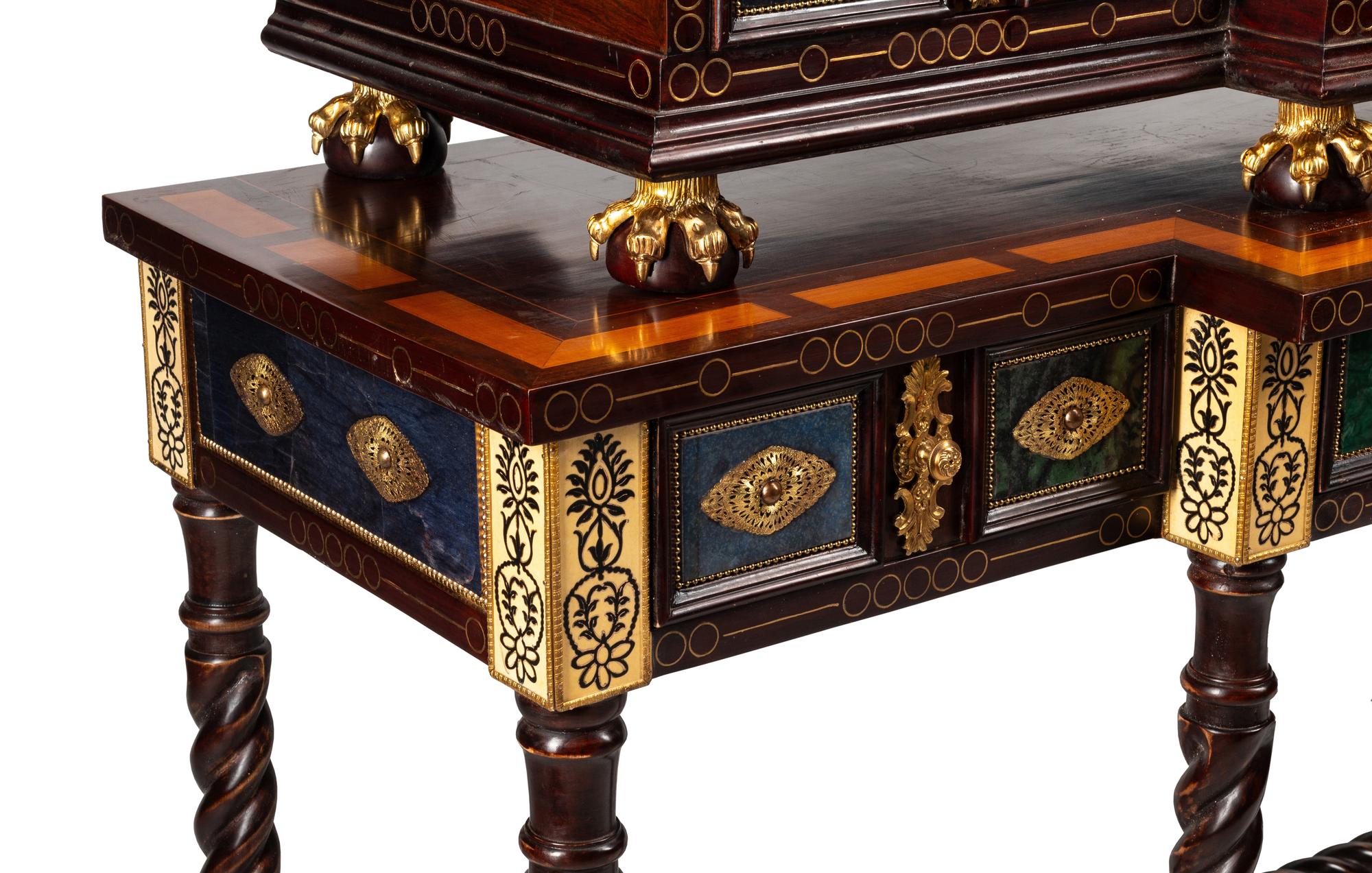 A Flemish Baroque Style Gilt Bronze Mounted Marquetry and Specimen Semi-Precious Stone Collector’s Cabinet on Stand