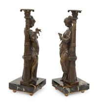A Pair of French Bronze and Marble Figural Candlesticks