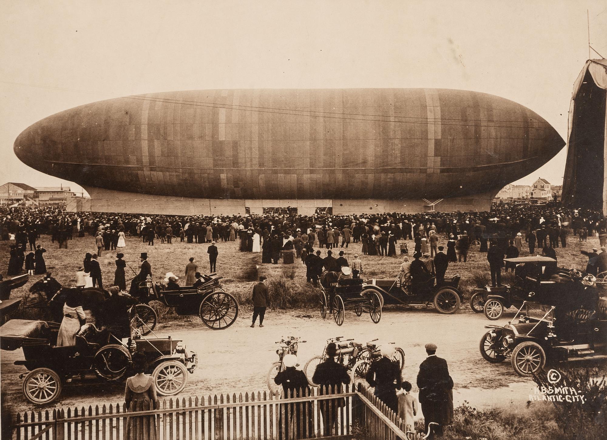[EARLY PHOTOGRAPHY -- AVIATION]. SMITH, H.B. photographer. Silver gelatin photograph of a Baldwin Type Dirigible. Atlantic City, NJ, [1910].