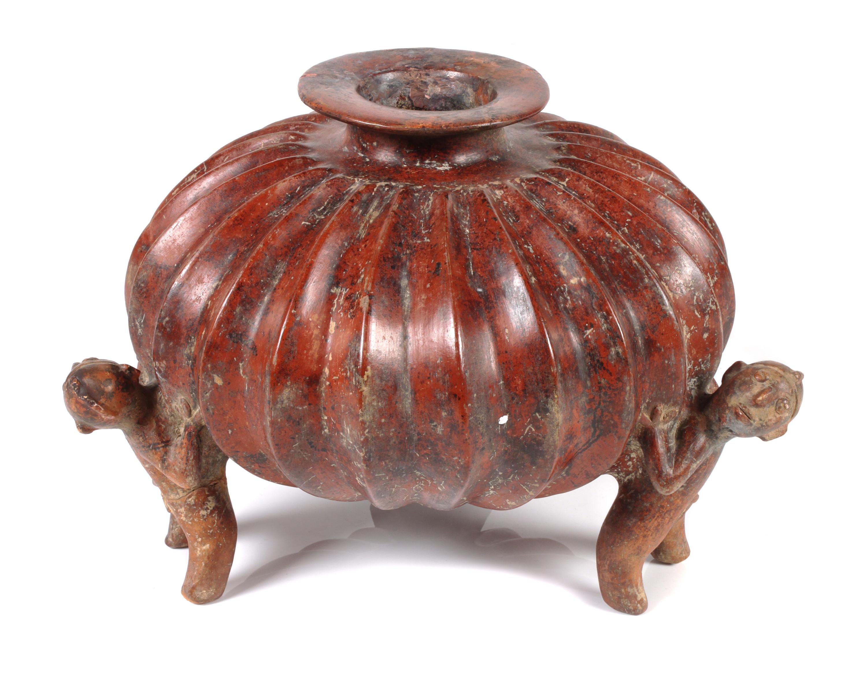 Colima Gadrooned Redware Vessel Height 9 x diameter 10 1/2 inches