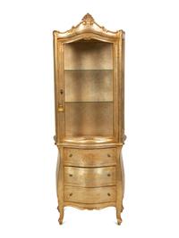 A Silvered Wood Vitrine Cabinet on Three Drawer Bombe Commode Base