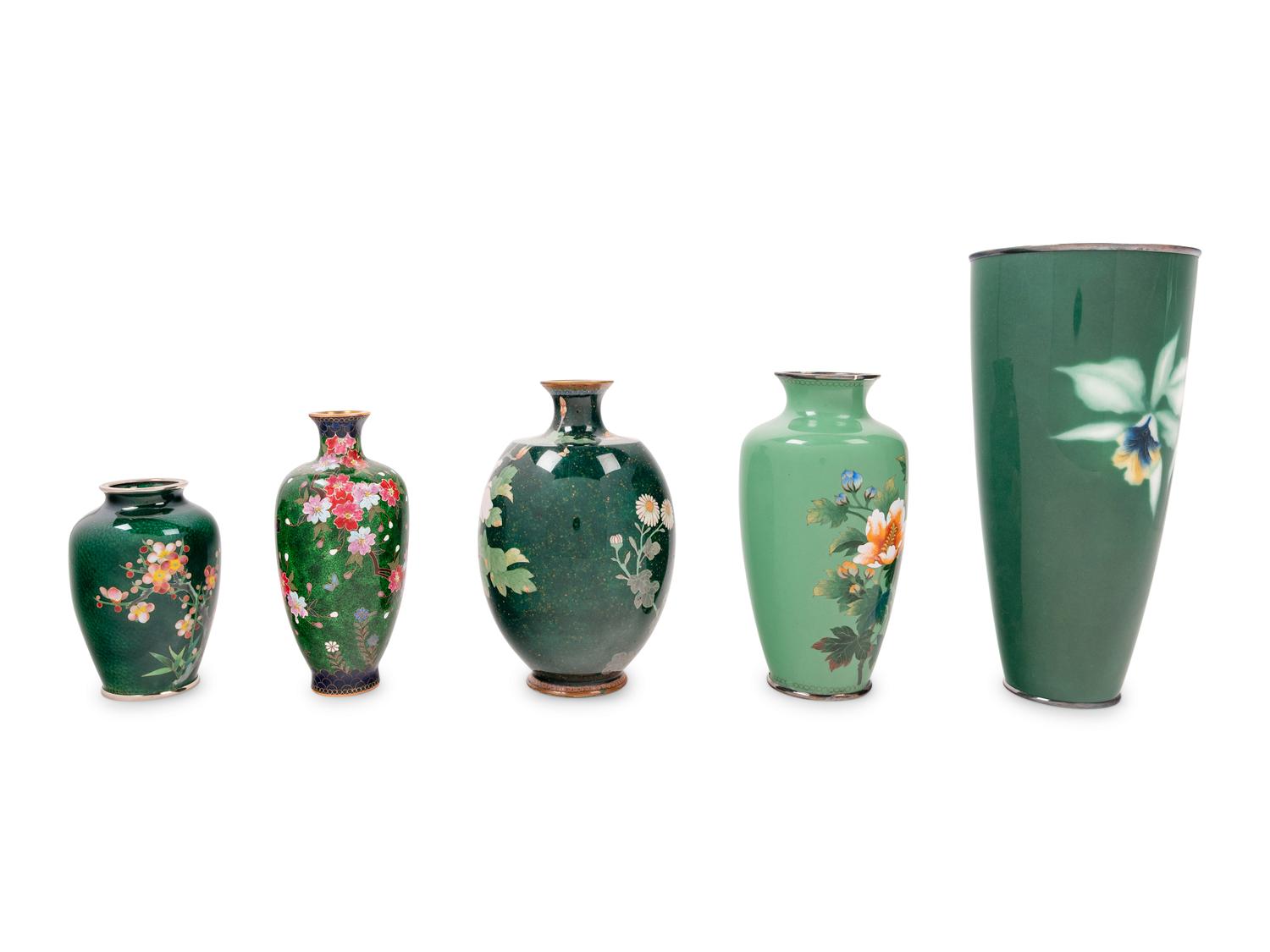 Five Japanese Green Ground Cloisonné Enamel and Embossed Foil 'Ginbari' Vases