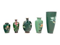 Five Japanese Green Ground Cloisonné Enamel and Embossed Foil 'Ginbari' Vases