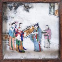 A Chinese Painted Marble Inset Huanghuali Wood Tray