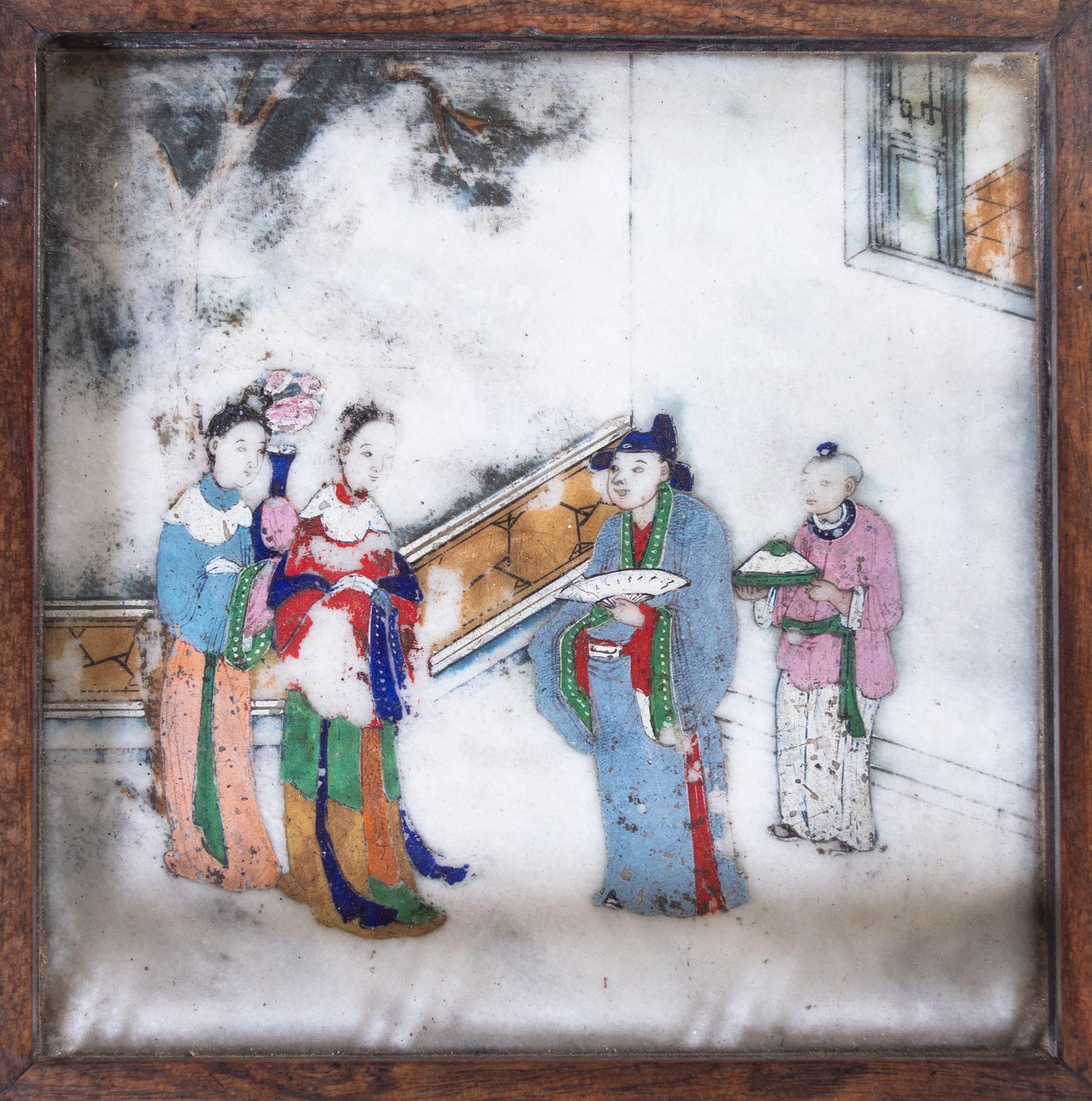A Chinese Painted Marble Inset Huanghuali Wood Tray
