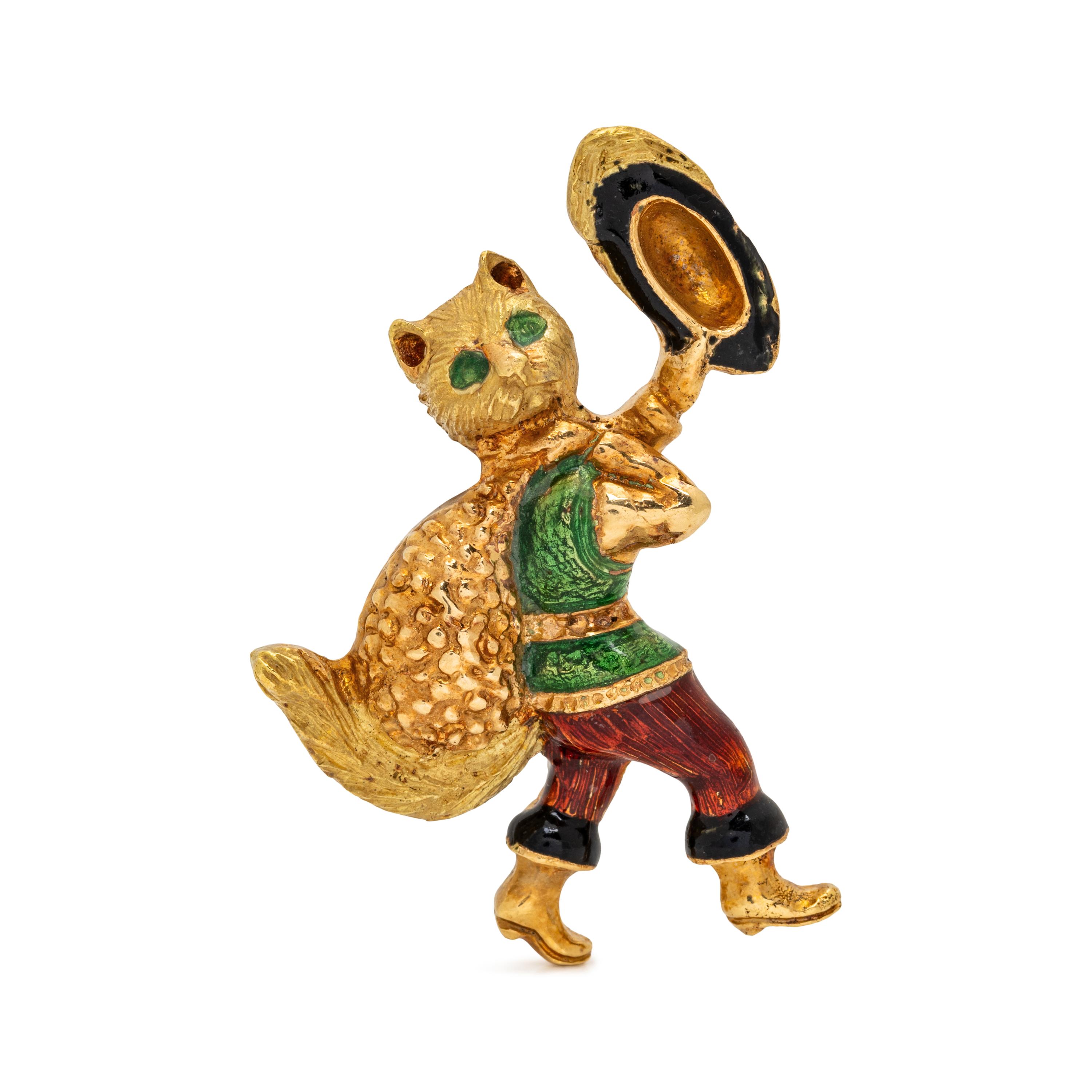 YELLOW GOLD AND ENAMEL PUSS IN BOOTS PIN
