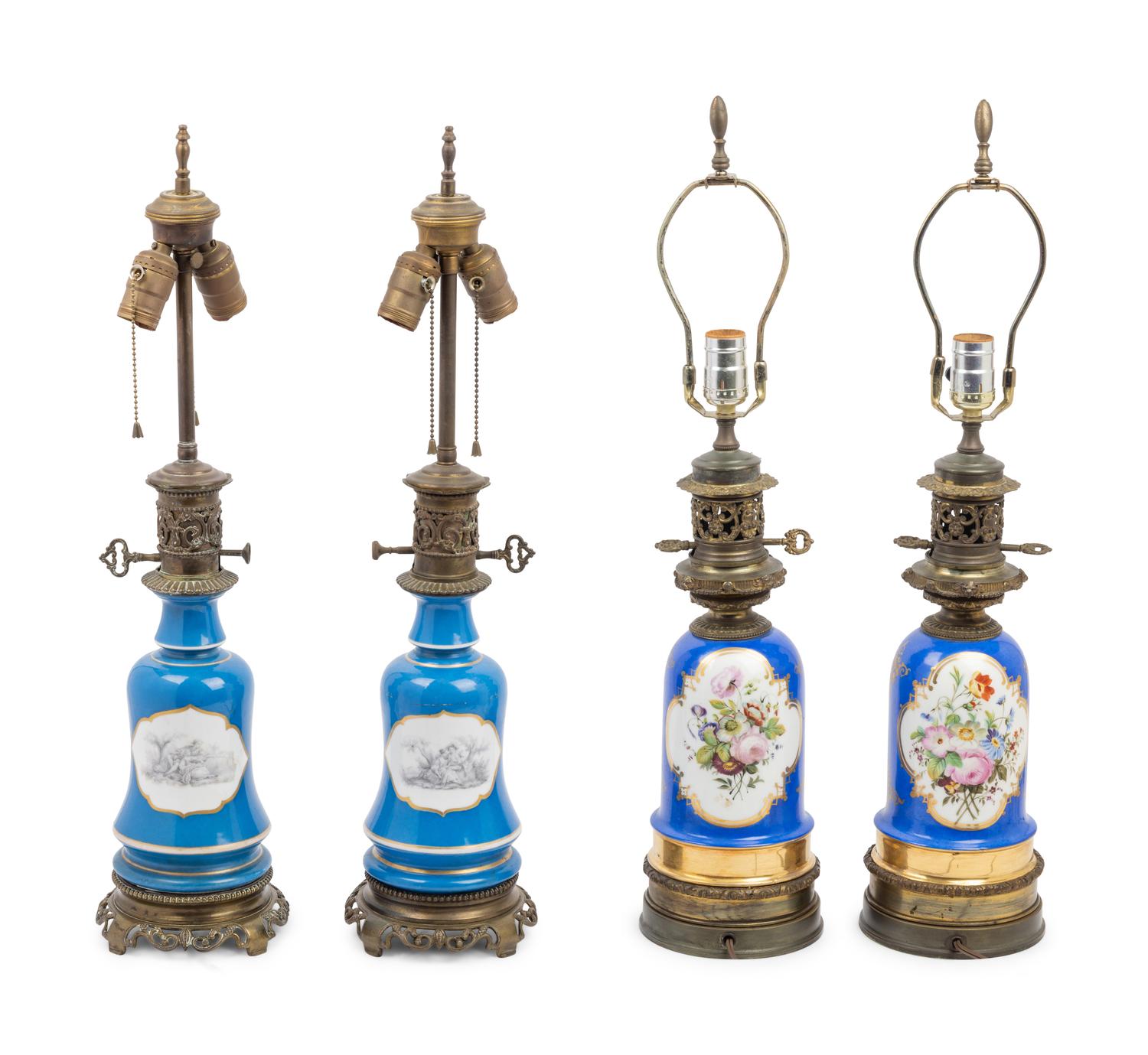 Two Pairs of French Porcelain Lamps