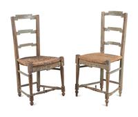 A Pair of French Carved and Painted Rush Seat Side Chairs