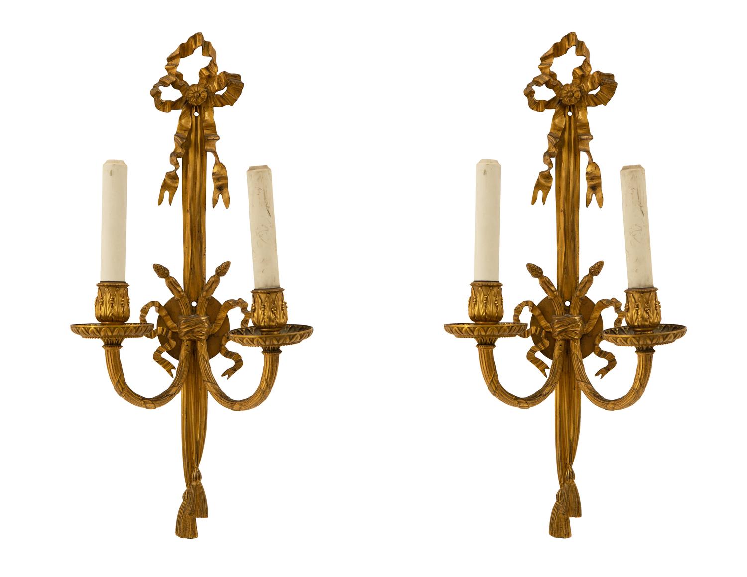 A Pair of Louis XVI Style Gilt Bronze Two-Light Sconces