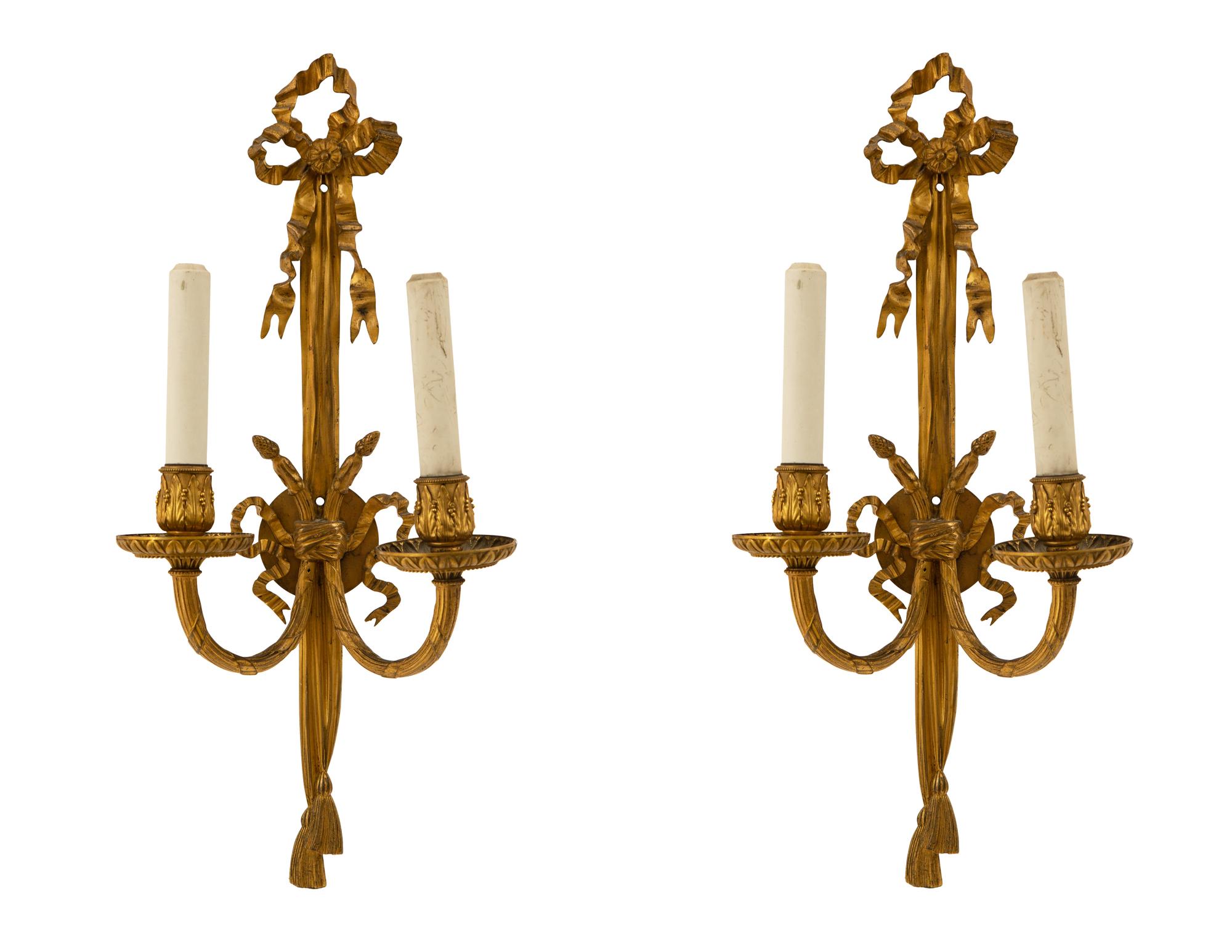A Pair of Louis XVI Style Gilt Bronze Two-Light Sconces