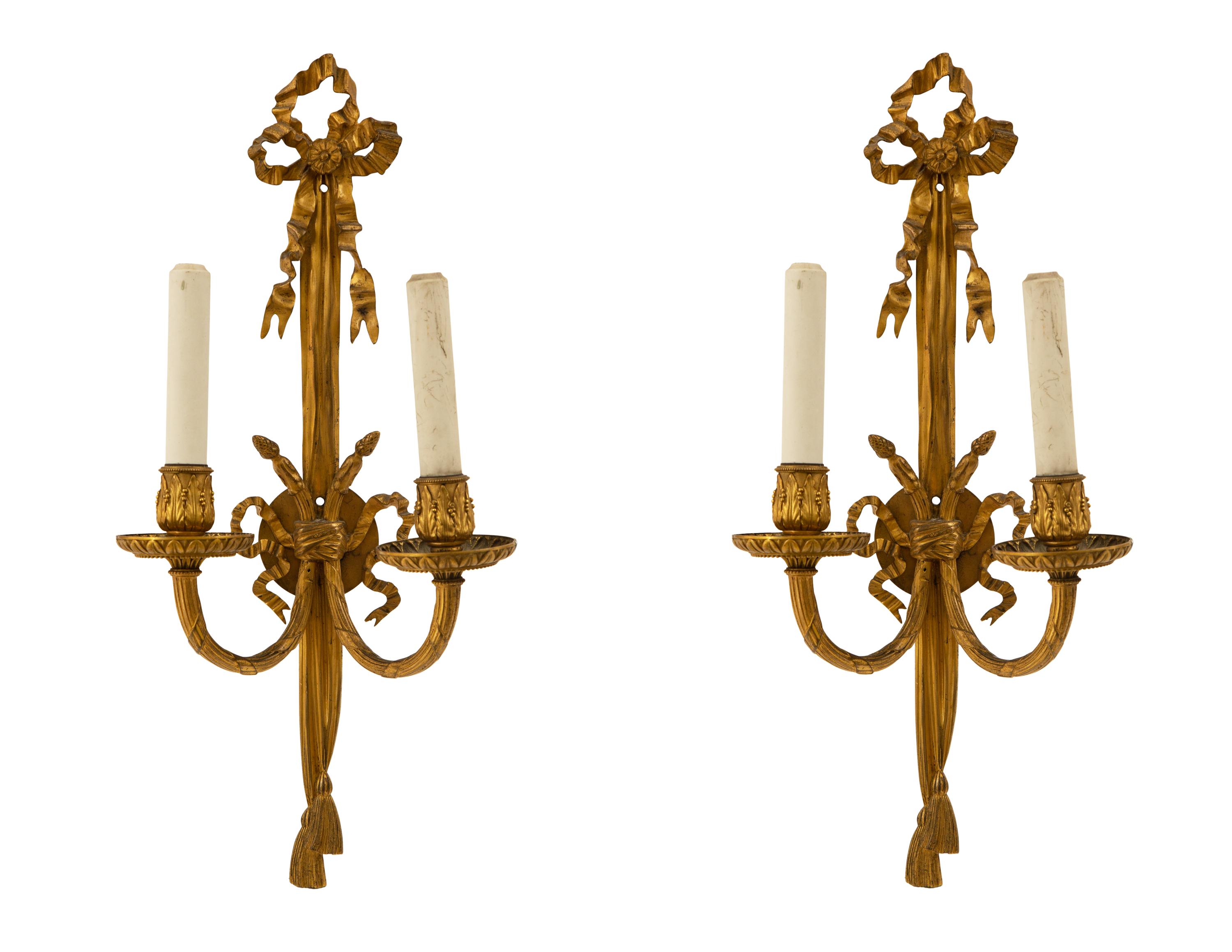 A Pair of Louis XVI Style Gilt Bronze Two-Light Sconces