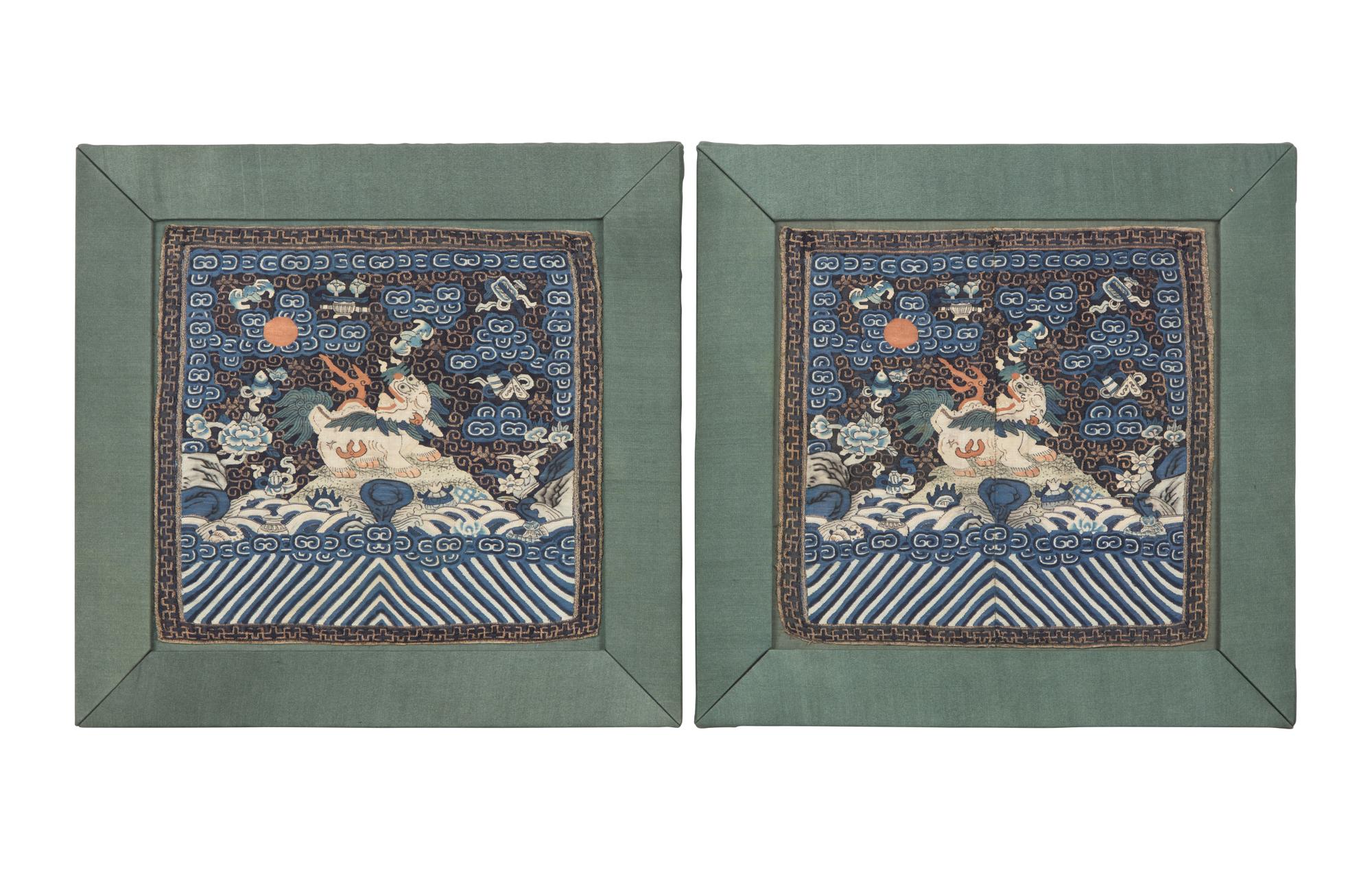 A Pair of Chinese Kesi Tapestry Xiezhi Censor's Rank Badges, Buzi, Qing Dynasty, Mid 19th Century 清中晚期 緙絲獬豸補子一對