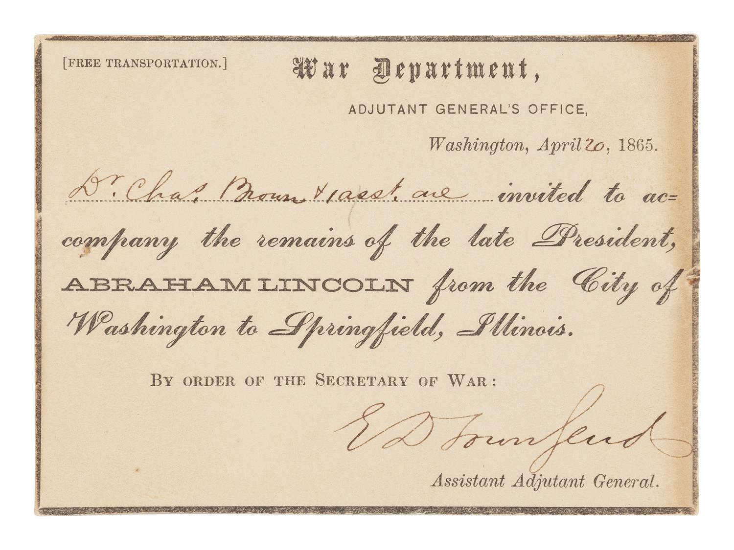 [LINCOLN'S FUNERAL]. TOWNSEND, Edward Davis (1817-1893). Autograph letter, signed ("E.D. Townsend"), to Dr. Charles Brown, Washington, D.C., 20 April 1865.