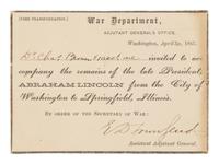 [LINCOLN'S FUNERAL]. TOWNSEND, Edward Davis (1817-1893). Autograph letter, signed ("E.D. Townsend"), to Dr. Charles Brown, Washington, D.C., 20 April 1865.