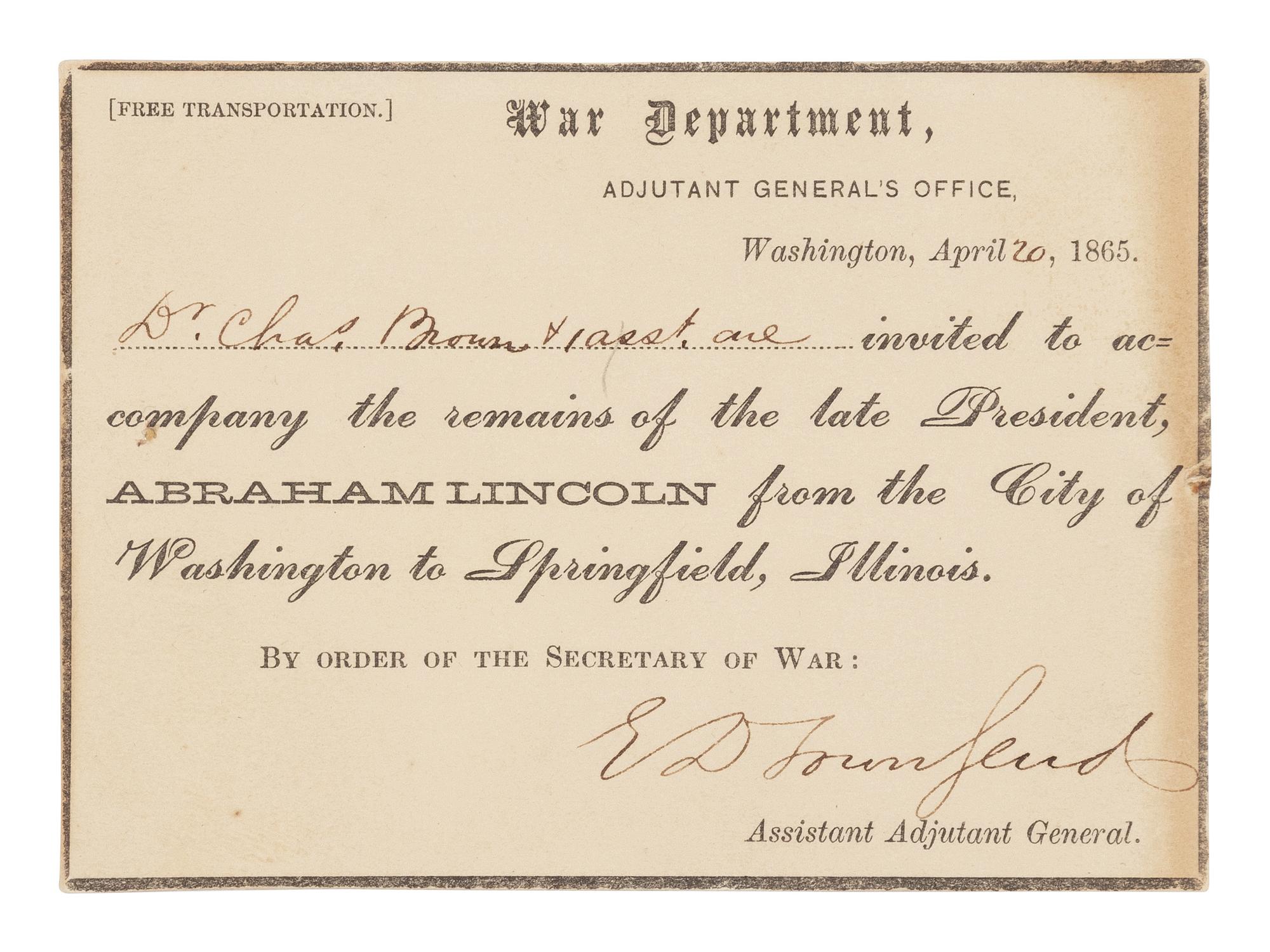 [LINCOLN'S FUNERAL]. TOWNSEND, Edward Davis (1817-1893). Autograph letter, signed ("E.D. Townsend"), to Dr. Charles Brown, Washington, D.C., 20 April 1865.