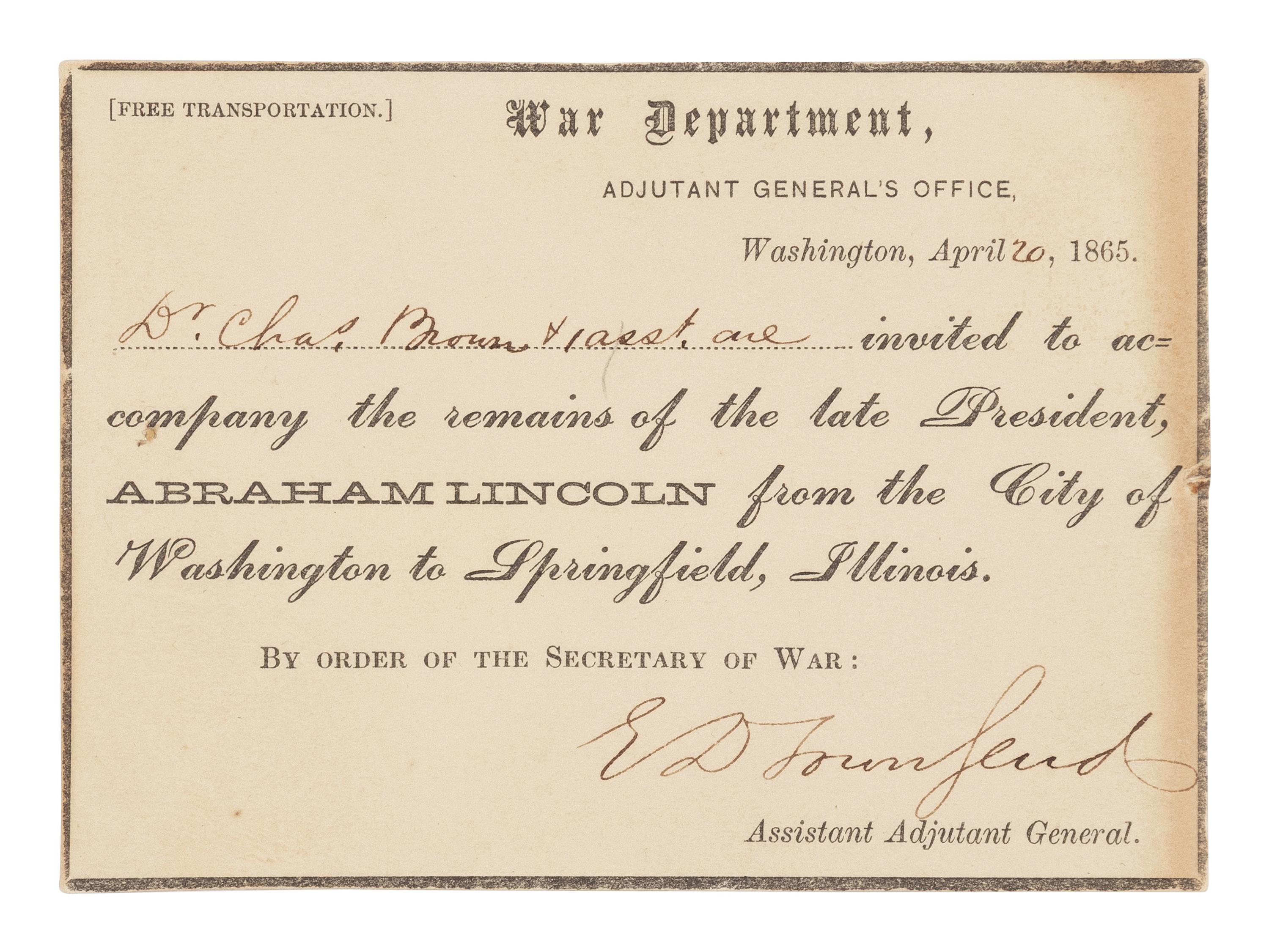 [LINCOLN'S FUNERAL]. TOWNSEND, Edward Davis (1817-1893). Autograph letter, signed ("E.D. Townsend"), to Dr. Charles Brown, Washington, D.C., 20 April 1865.