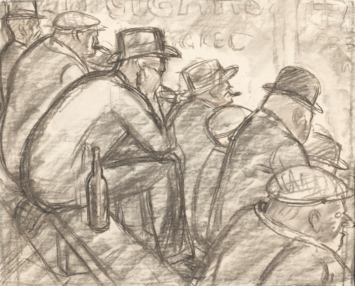 A Charcoal Drawing and a Watercolor, At the Fight, 1938 and Placing Bets, 1935
