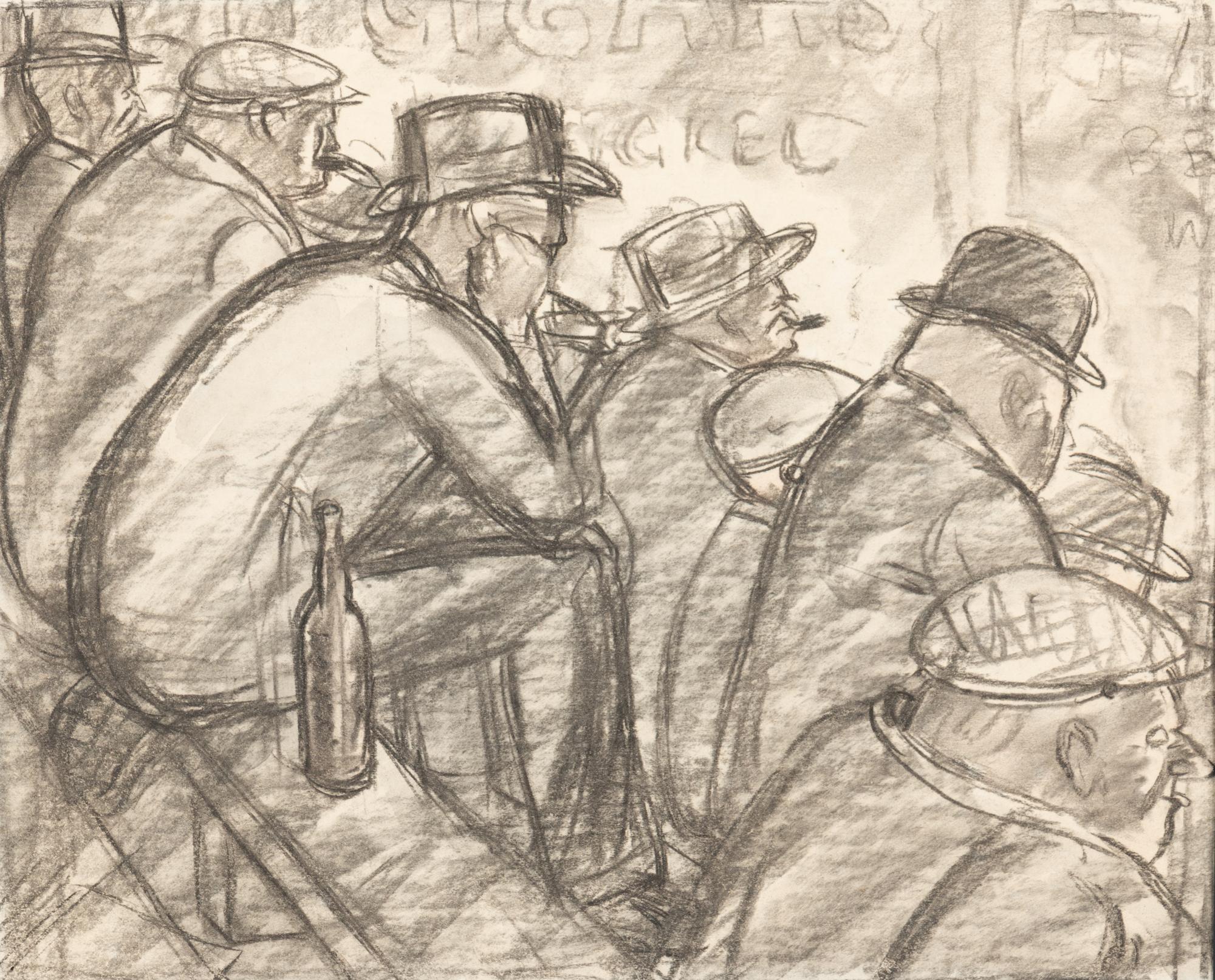 A Charcoal Drawing and a Watercolor, At the Fight, 1938 and Placing Bets, 1935