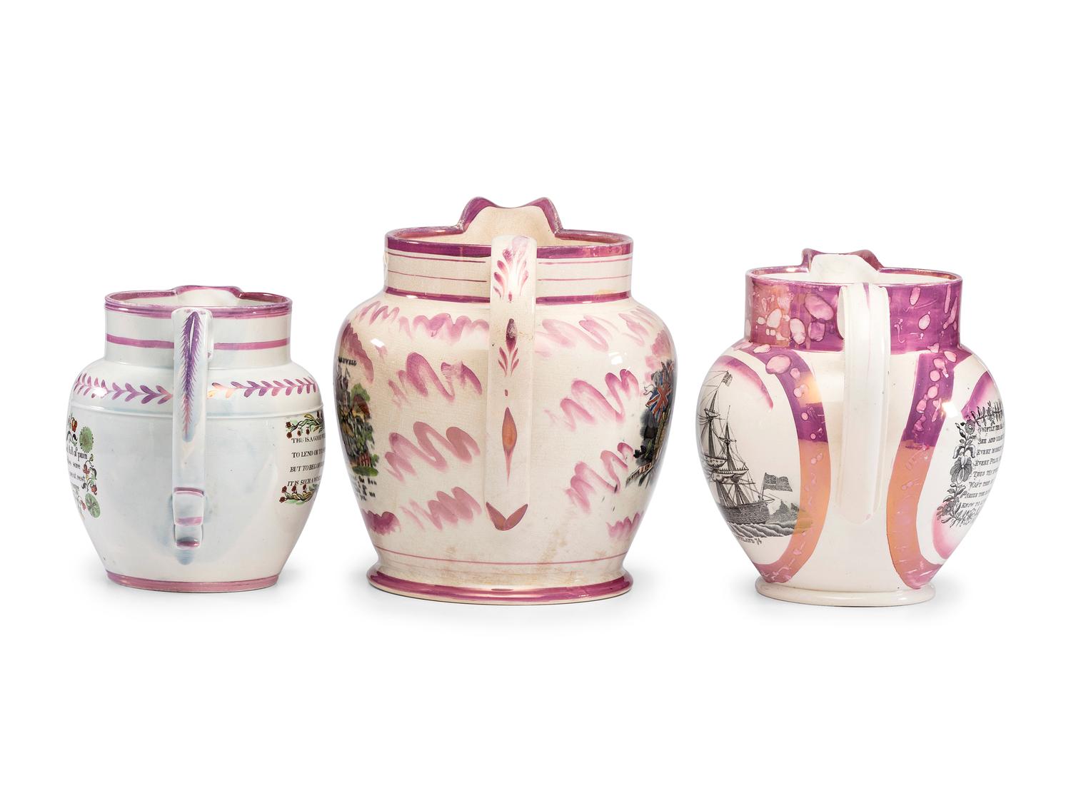 Three Pink Lusterware Pitchers