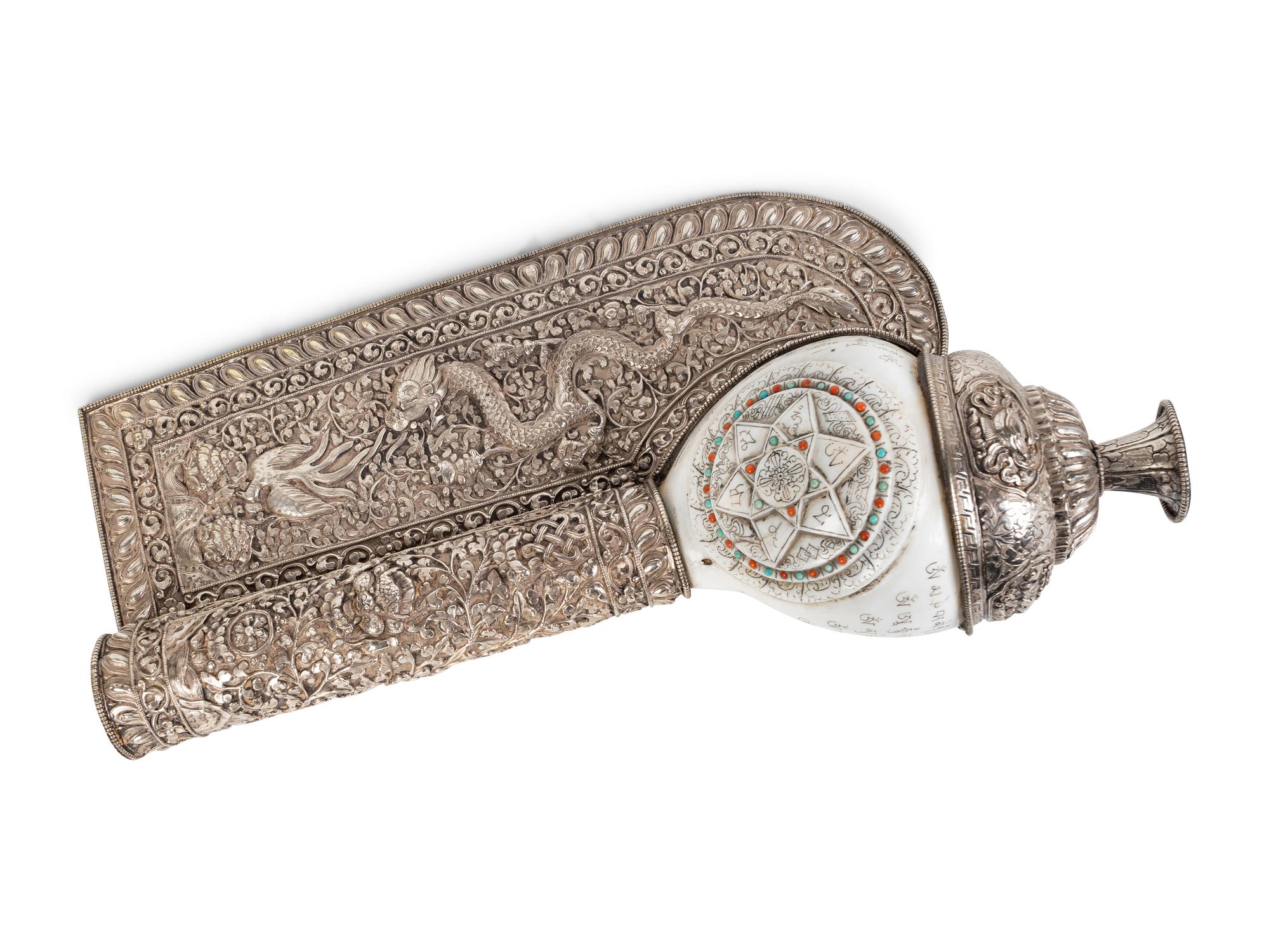 A Tibetan Silvered Metal Mounted and Inscribed Shell Scroll Holder — 19TH CENTURY