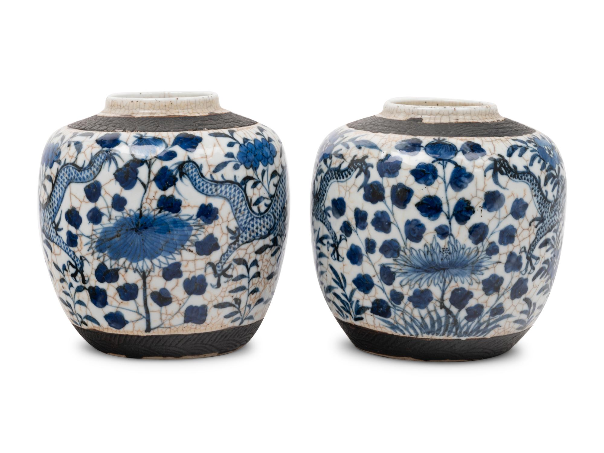 Two Chinese Underglaze Blue Crackle Glazed and Iron Decorated Porcelain Jars