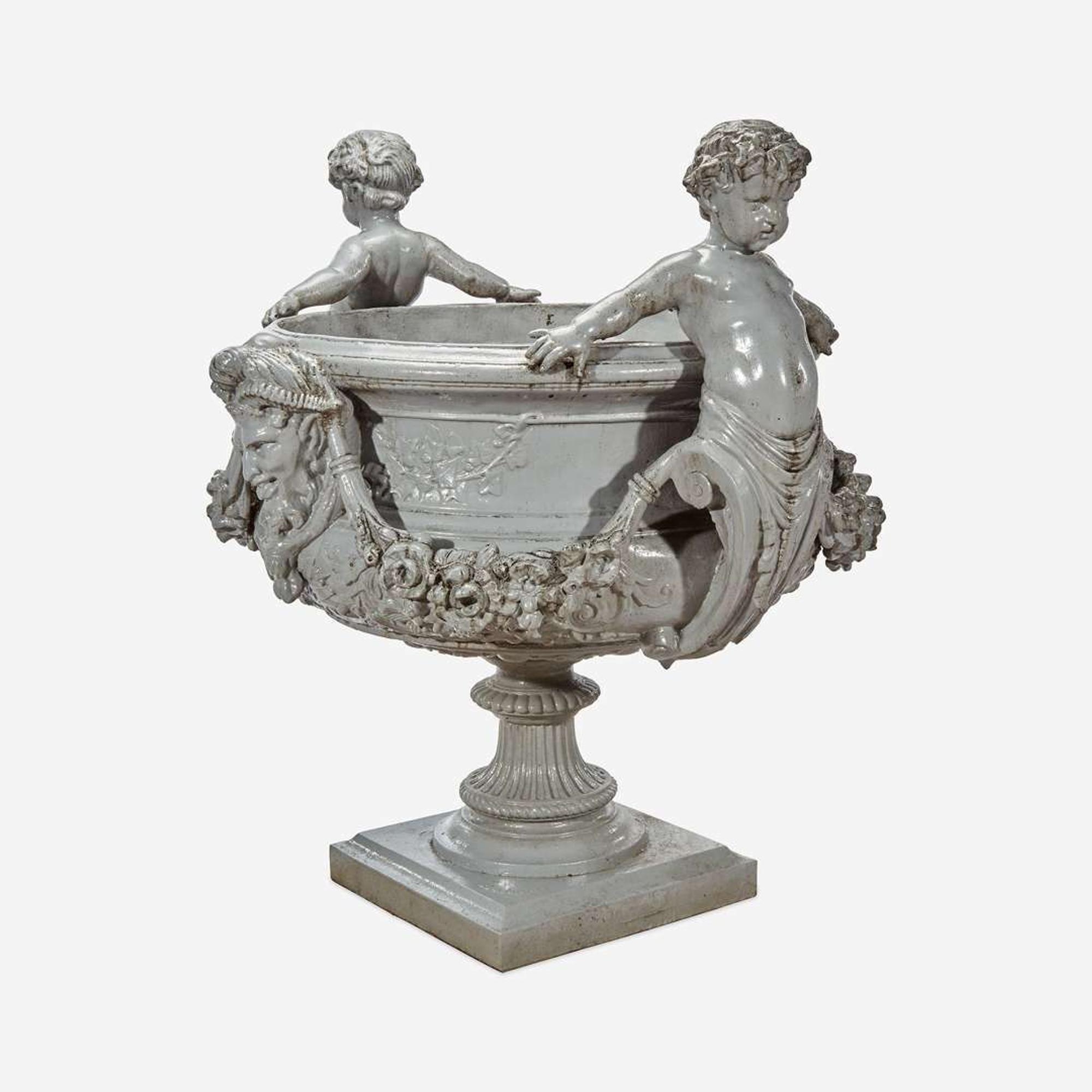 A Large Figural Gray-Painted Cast Zinc Garden Urn J. W. Fiske, New York, late 19th century