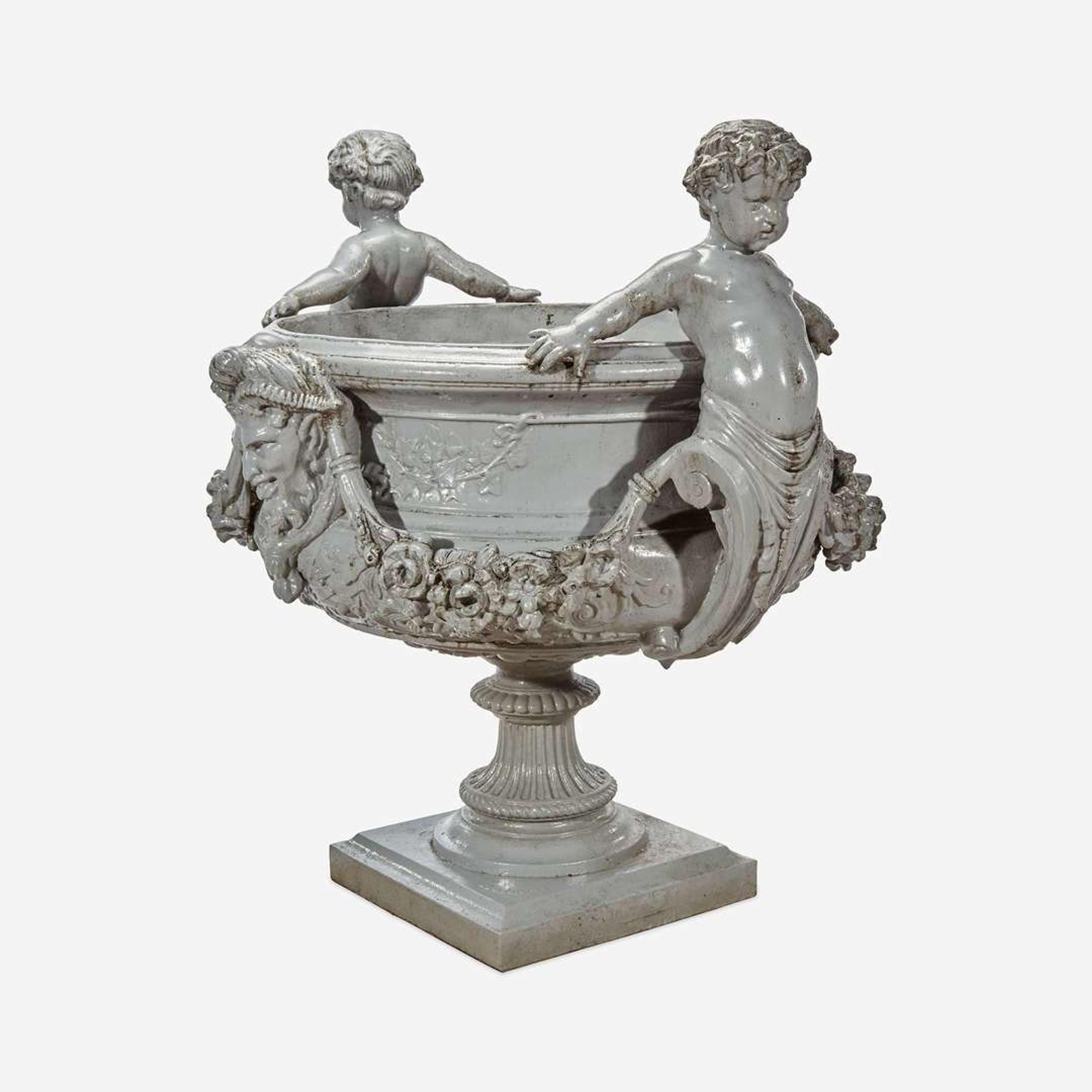 A Large Figural Gray-Painted Cast Zinc Garden Urn J. W. Fiske, New York, late 19th century