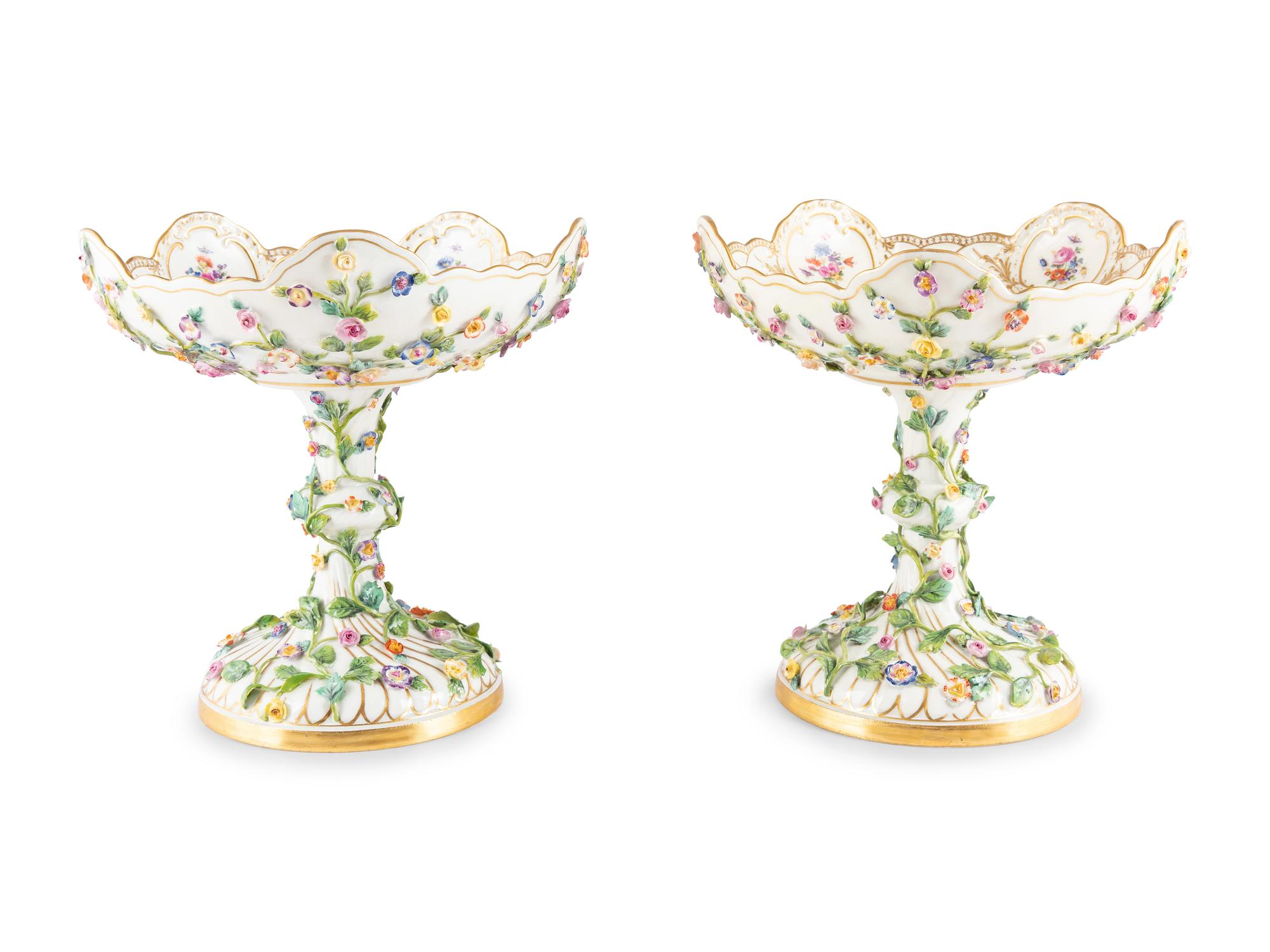 A Pair of Meissen Porcelain Floral Compotes