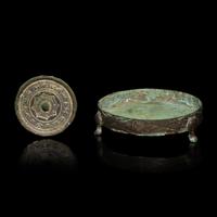 Two Chinese Bronze Articles, Han Dynasty, Han Dynasty 漢 青銅鏡及銅錯銀承盤