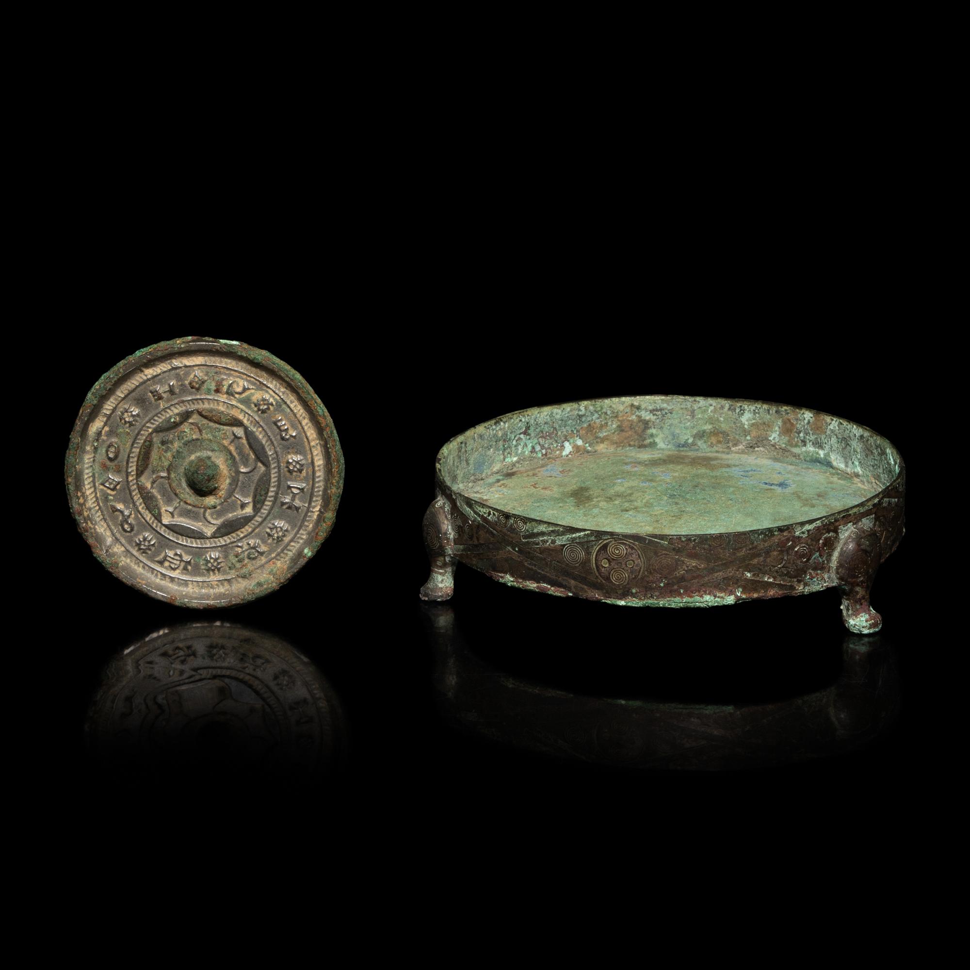 Two Chinese Bronze Articles, Han Dynasty, Han Dynasty 漢 青銅鏡及銅錯銀承盤
