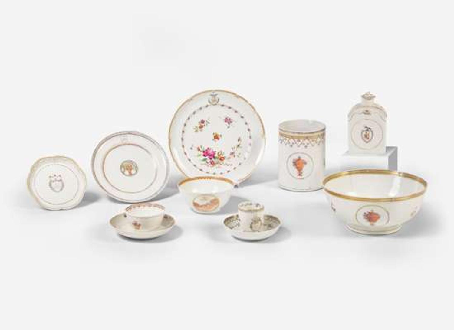 A collection of eleven Chinese Export porcelain Rose Mandarin tablewares, late 18th / early 19th century