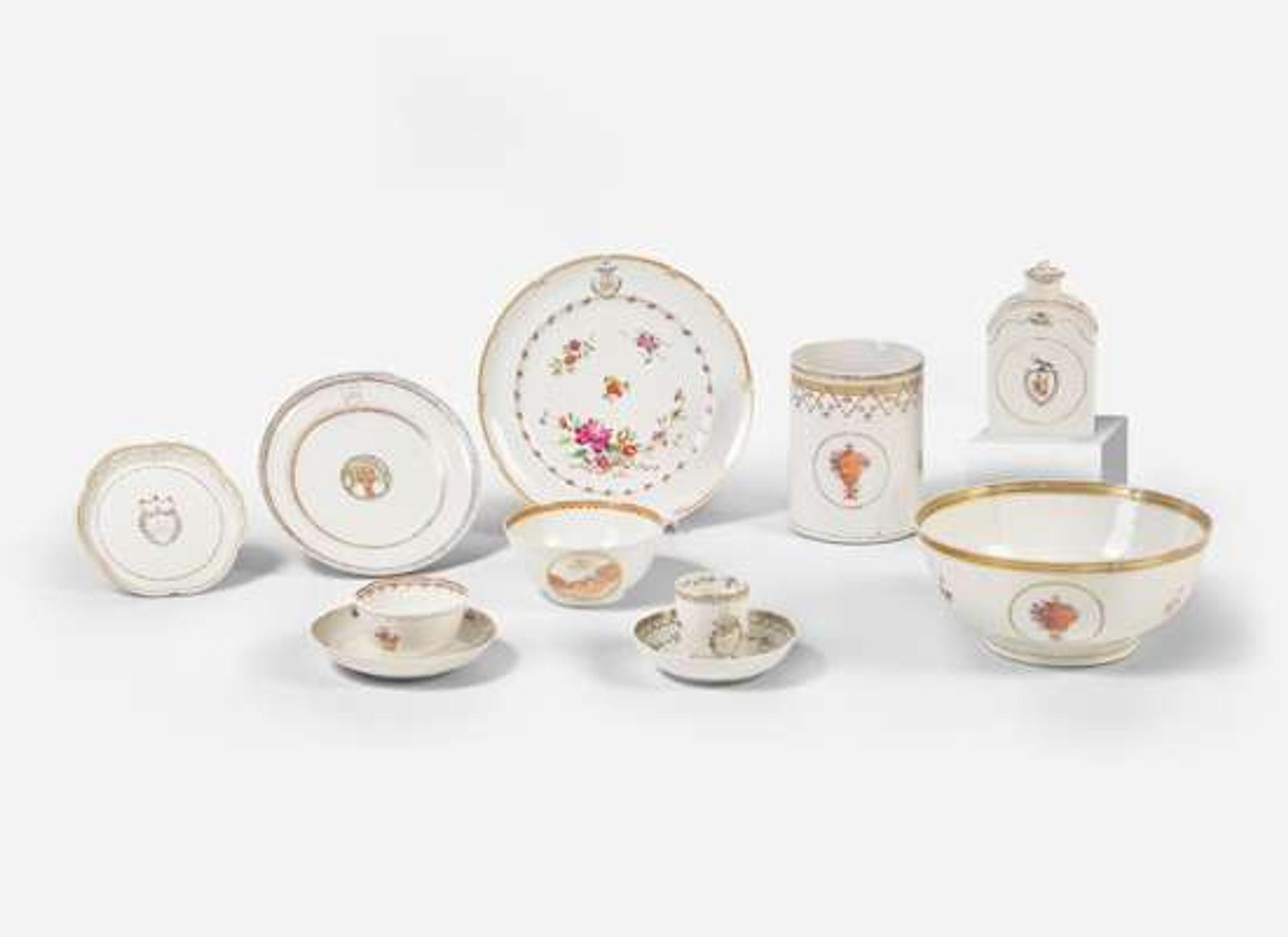 A collection of eleven Chinese Export porcelain Rose Mandarin tablewares, late 18th / early 19th century