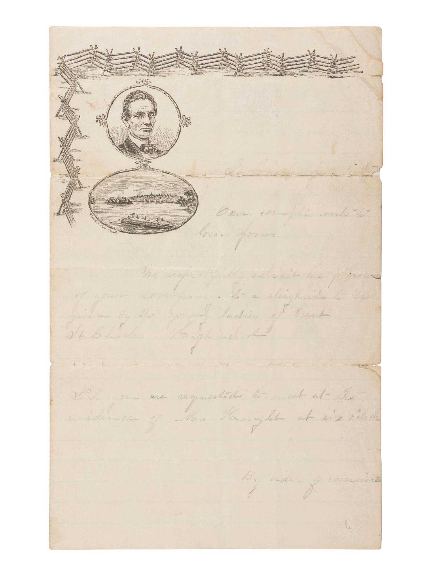 [LINCOLNIANA]. "Beardless Lincoln" lettersheet with "rail fence" design and flatboat below, [1860].