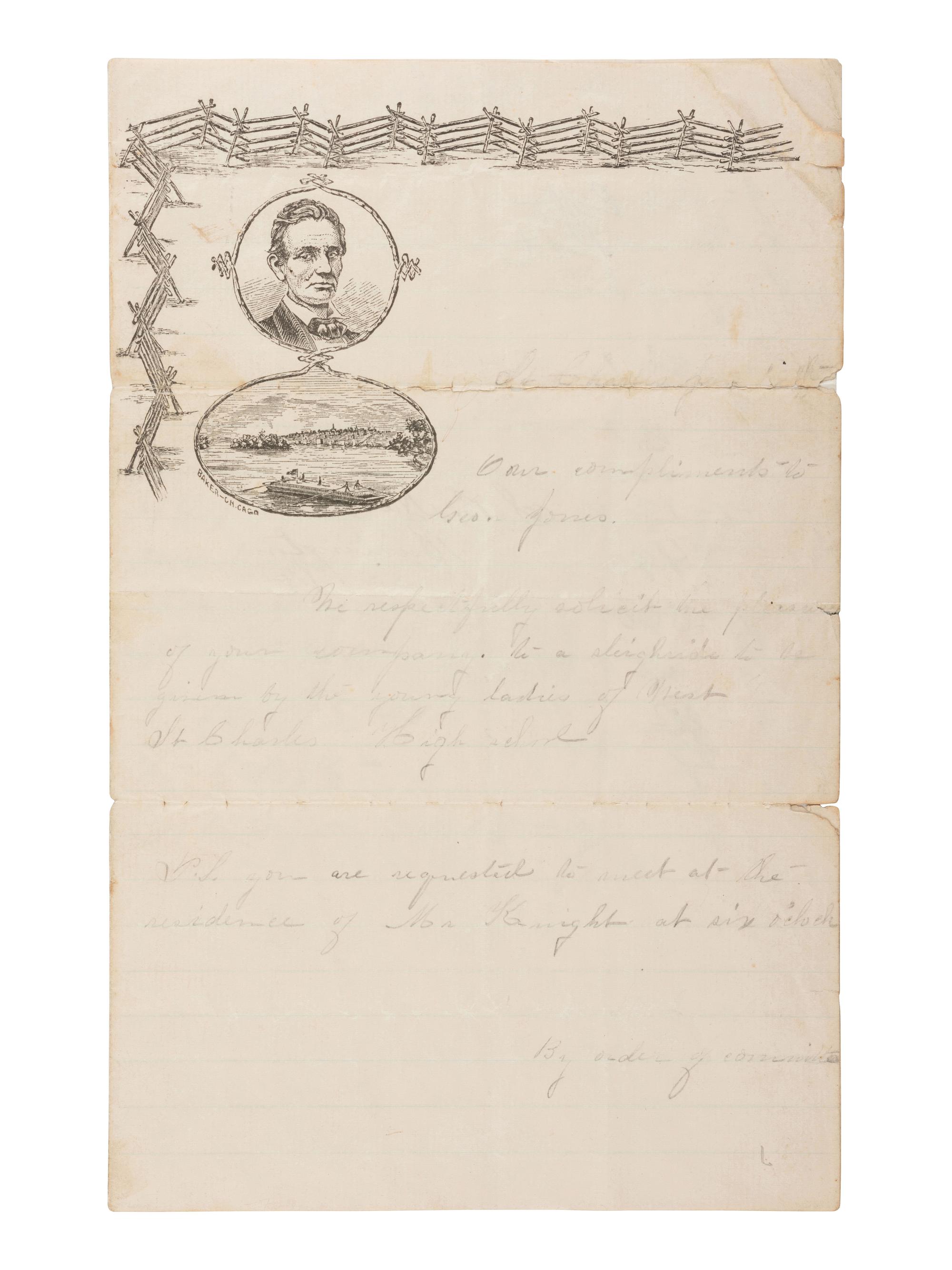 [LINCOLNIANA]. "Beardless Lincoln" lettersheet with "rail fence" design and flatboat below, [1860].
