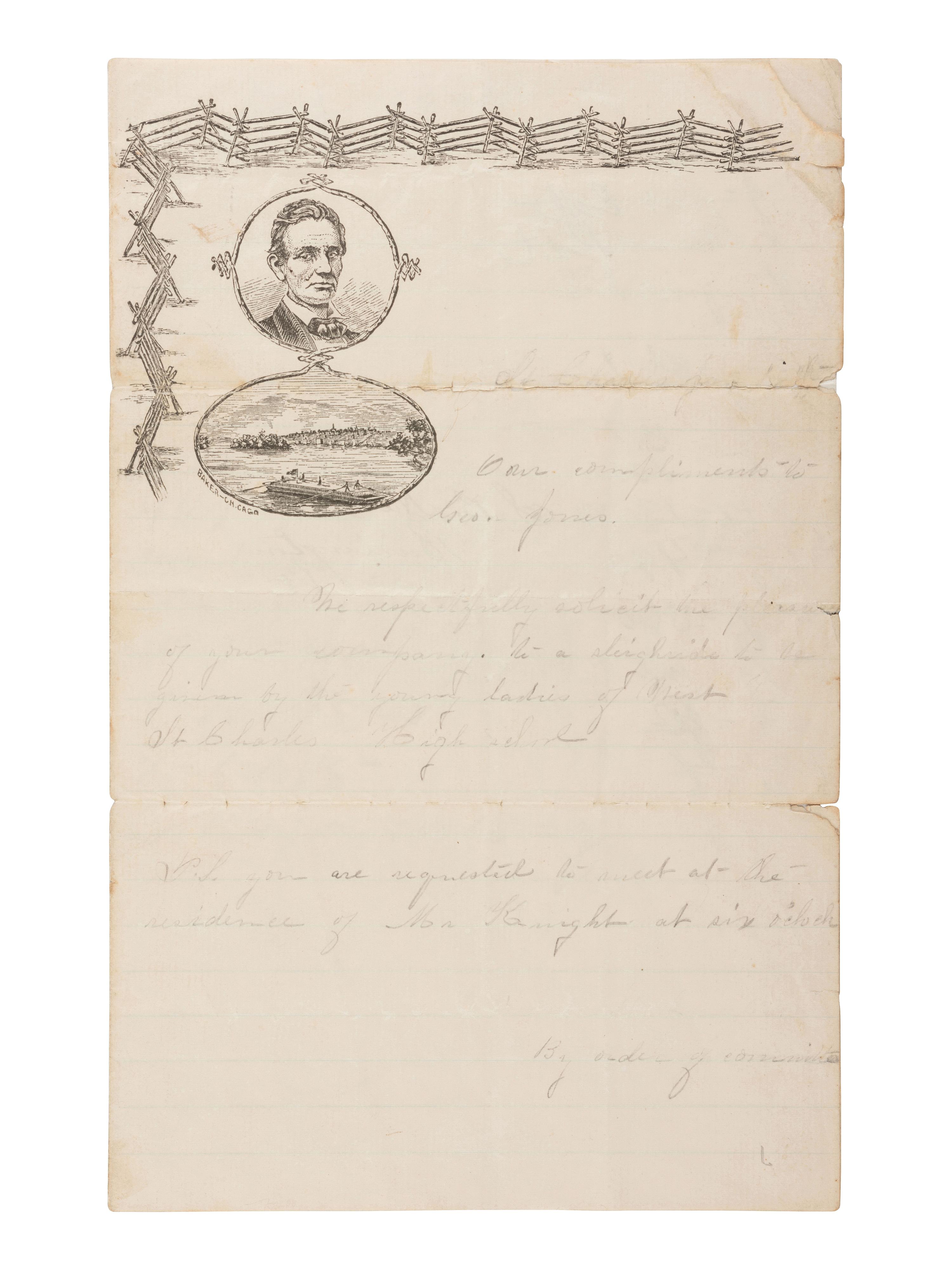 [LINCOLNIANA]. "Beardless Lincoln" lettersheet with "rail fence" design and flatboat below, [1860].