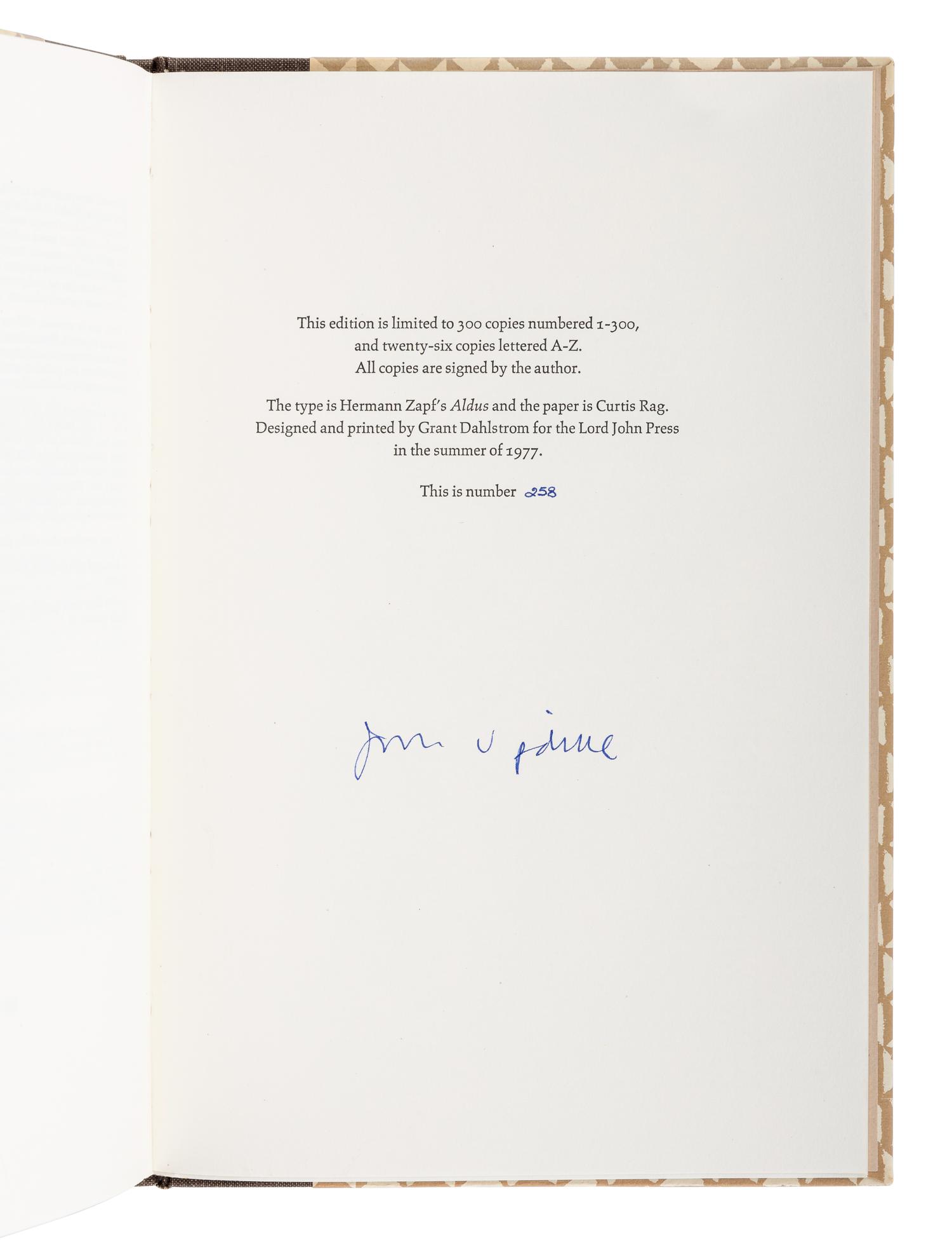 UPDIKE, John (1932-2009). A group of 9 Lord John Press limited editions of Updike’s works, ALL SIGNED, comprising: