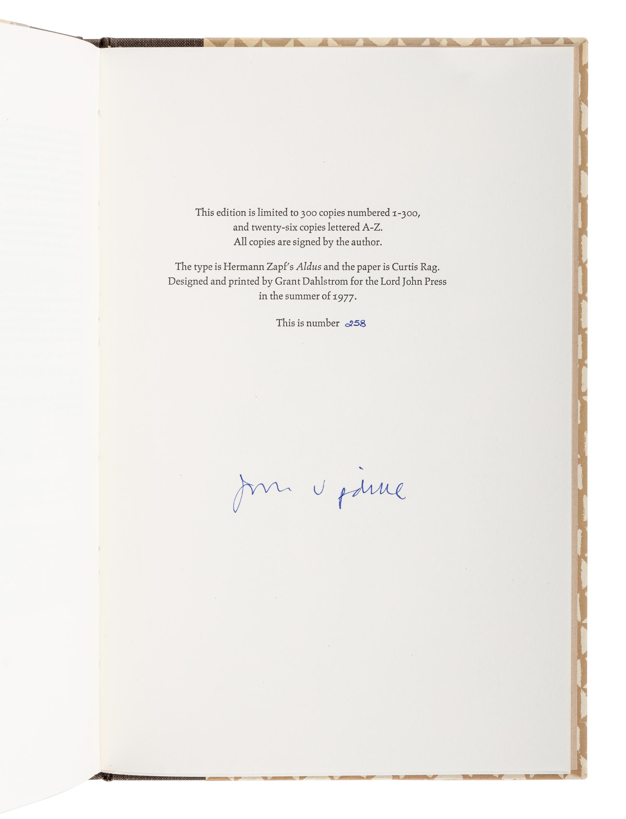 UPDIKE, John (1932-2009). A group of 9 Lord John Press limited editions of Updike’s works, ALL SIGNED, comprising: