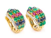 A Pair of 18 Karat Yellow Gold, Platinum, Diamond and Multigem Earclips, David Webb, 18.30 dwts.
