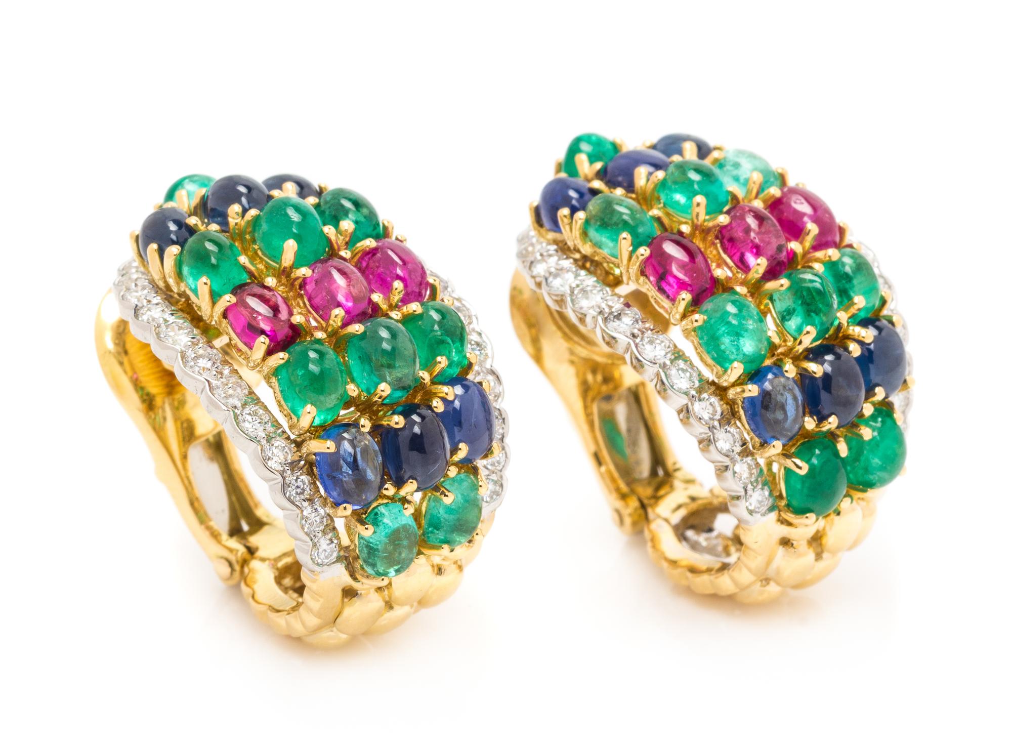 A Pair of 18 Karat Yellow Gold, Platinum, Diamond and Multigem Earclips, David Webb, 18.30 dwts.