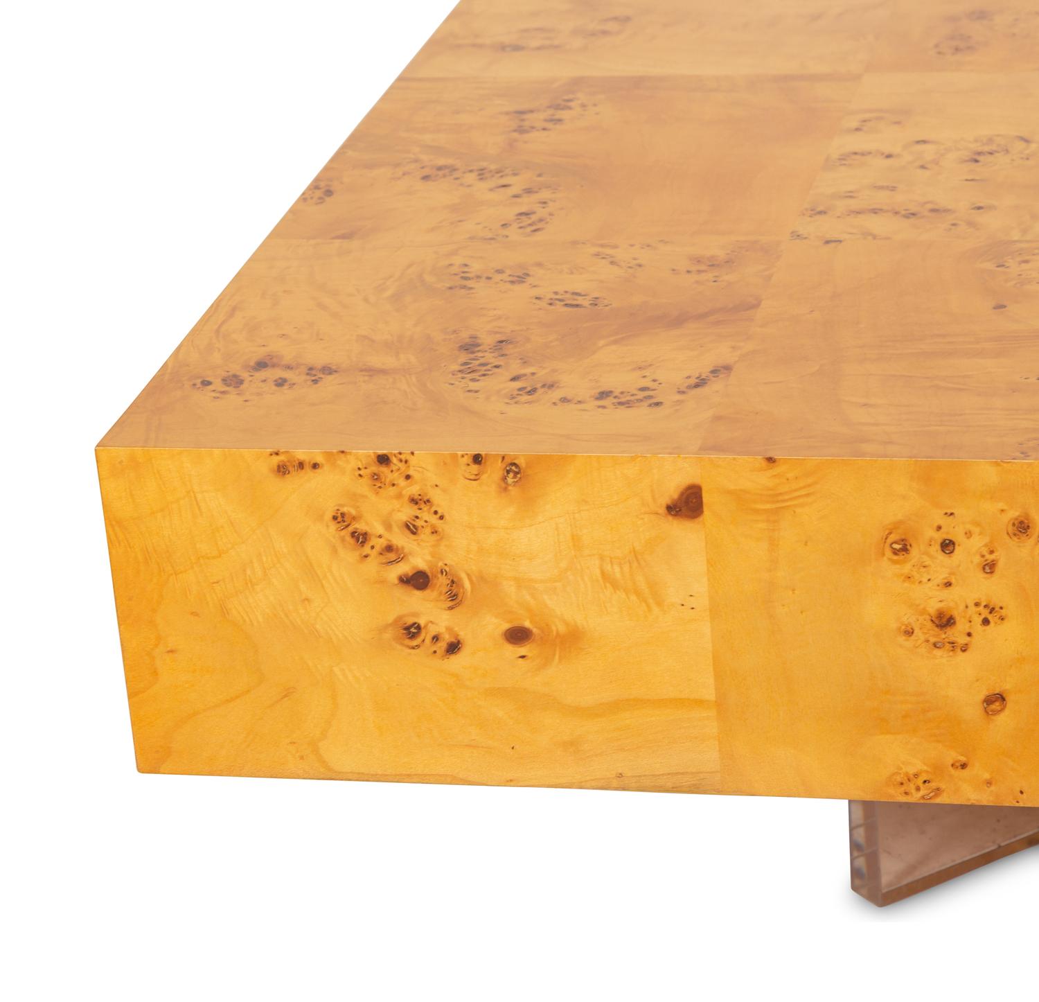 Two Burlwood and Lucite Coffee Tables by Jonathan Adler