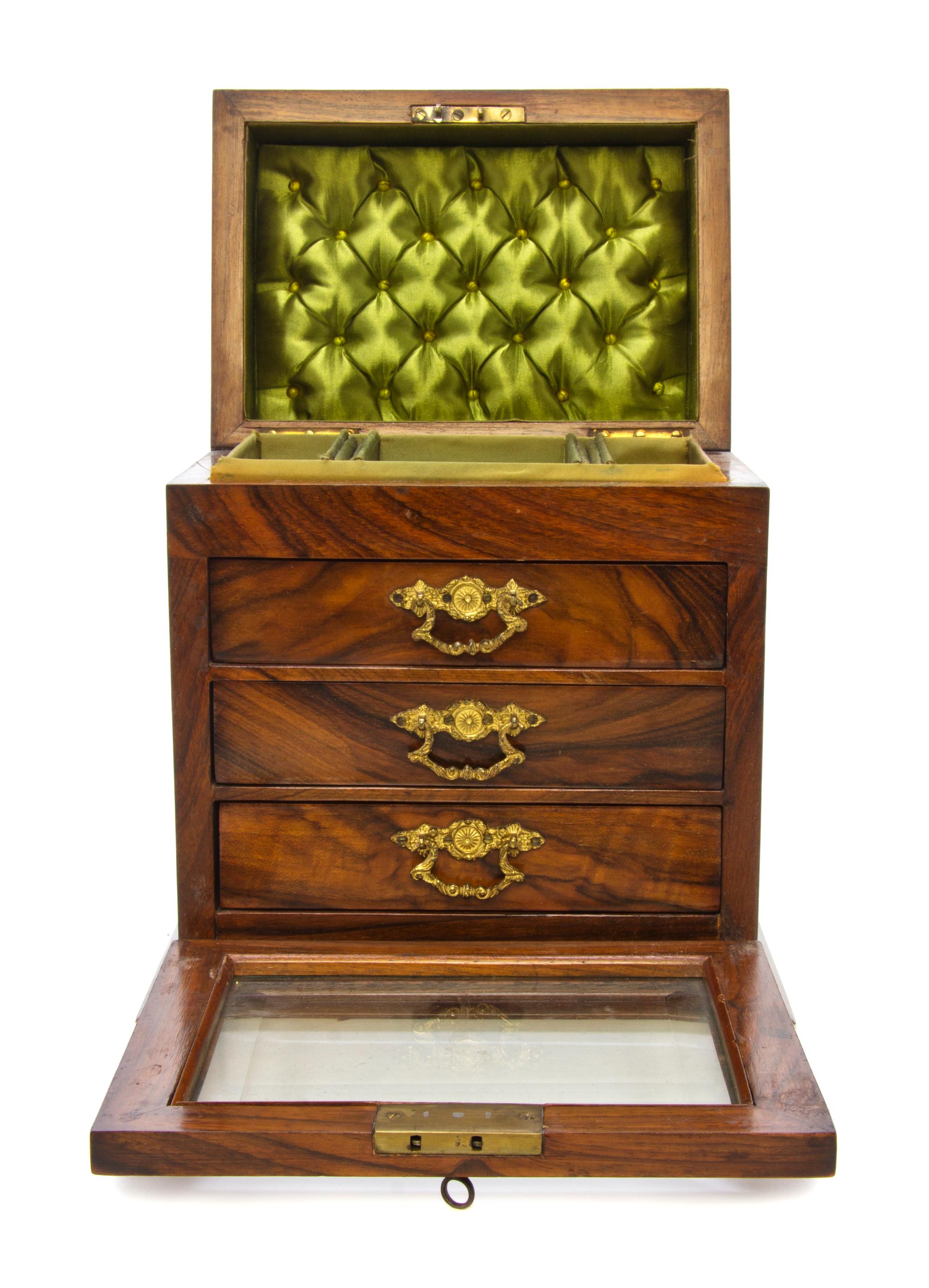 A Regency Gilt Metal Mounted Calamander Jewelry Box, Height 9 1/2 inches.