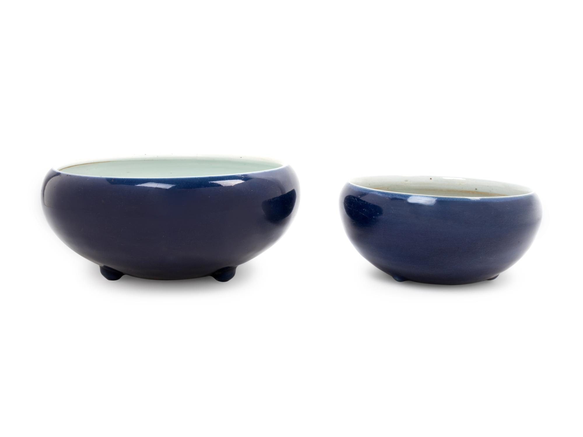 Two Large Monochrome Blue Glazed Porcelain Tripod Incense Burners