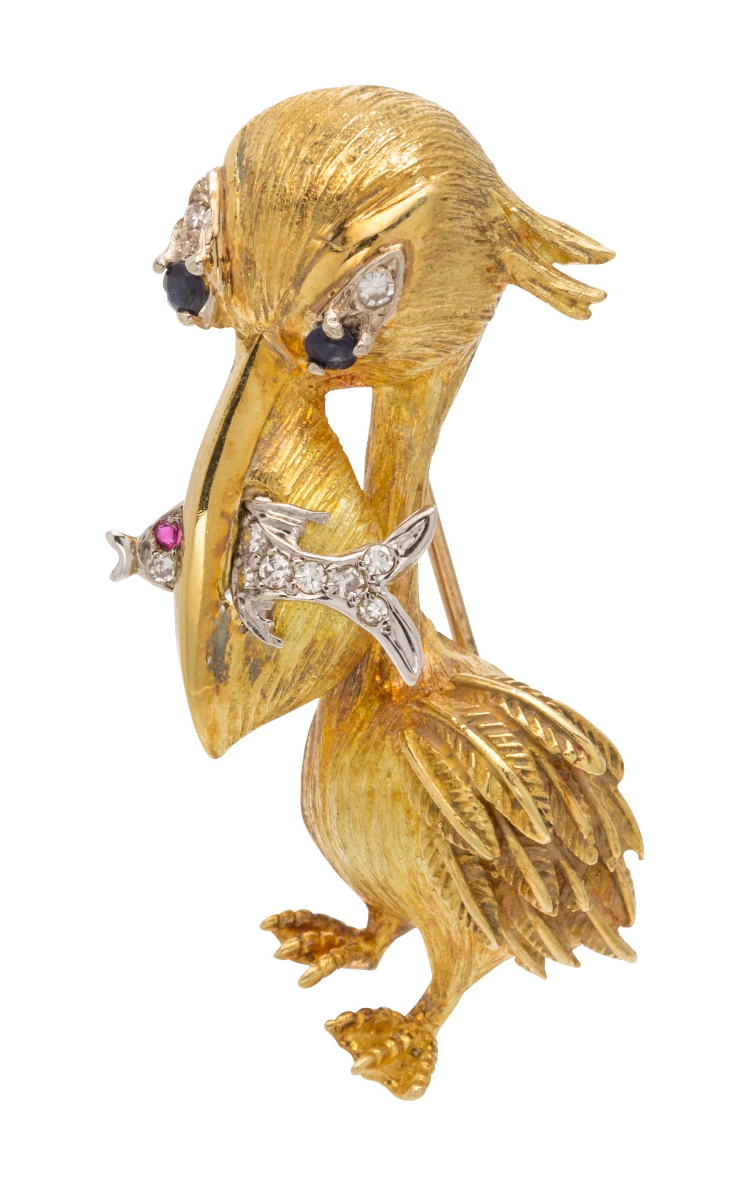 An 18 Karat Yellow Gold, Diamond and Multi Gem Pelican Brooch, 10.00 dwts.