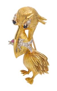 An 18 Karat Yellow Gold, Diamond and Multi Gem Pelican Brooch, 10.00 dwts.