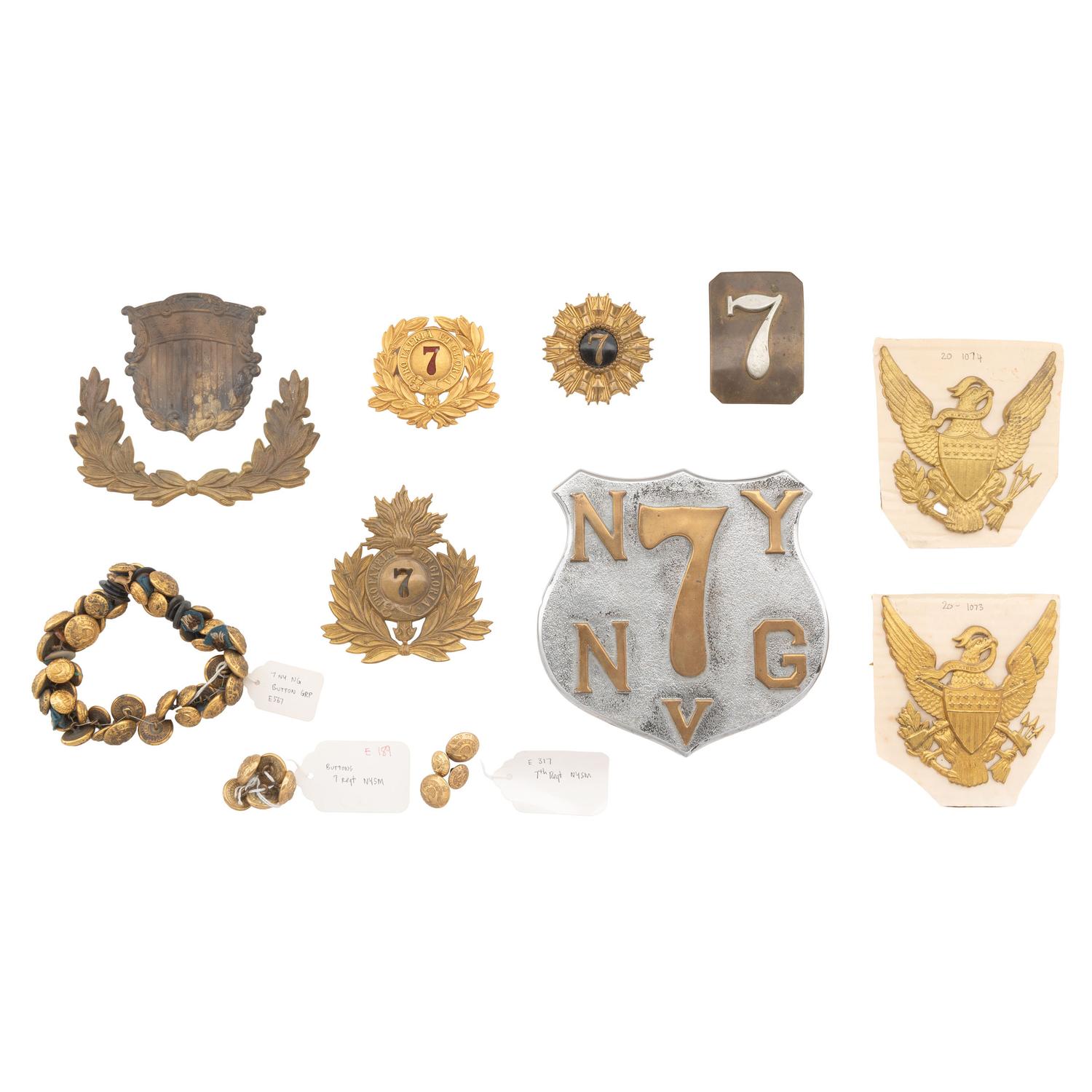 [Militaria] Assorted hats, devices, and buttons identified to the 7th New York State Militia and National Guard.
