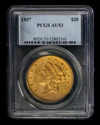 A United States 1857 Liberty Head $20 Gold Coin