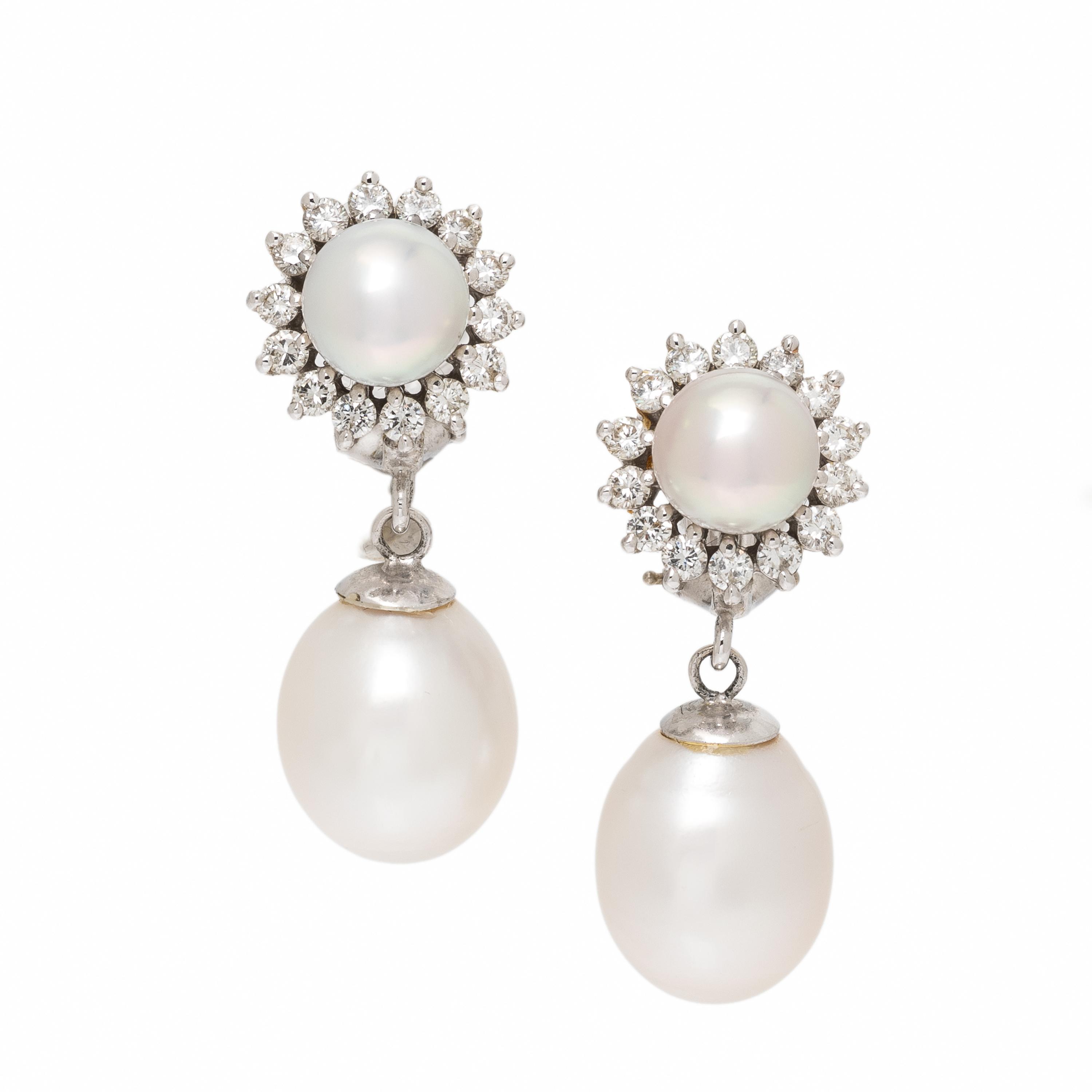 Cultured Pearl and Diamond Drop Earrings